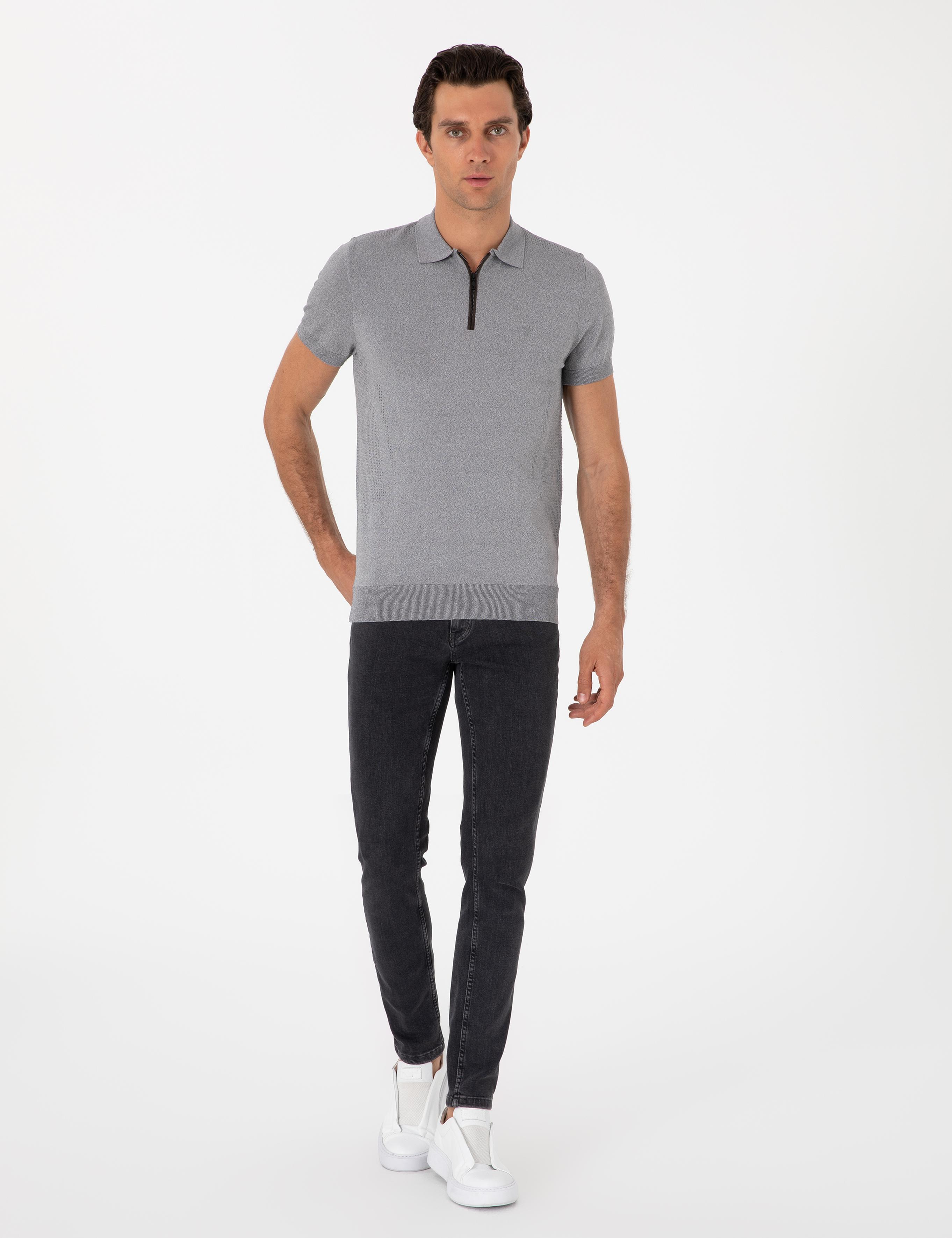 Gri Slim Fit Fermuarlı Polo Yaka Triko T-shirt - 50300817019