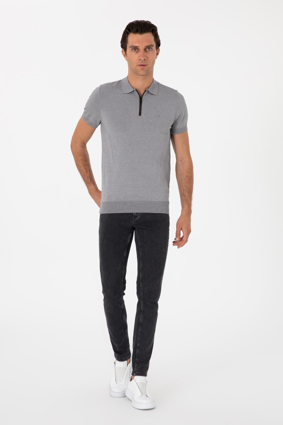 Gri Slim Fit Fermuarlı Polo Yaka Triko T-shirt - 50300817019