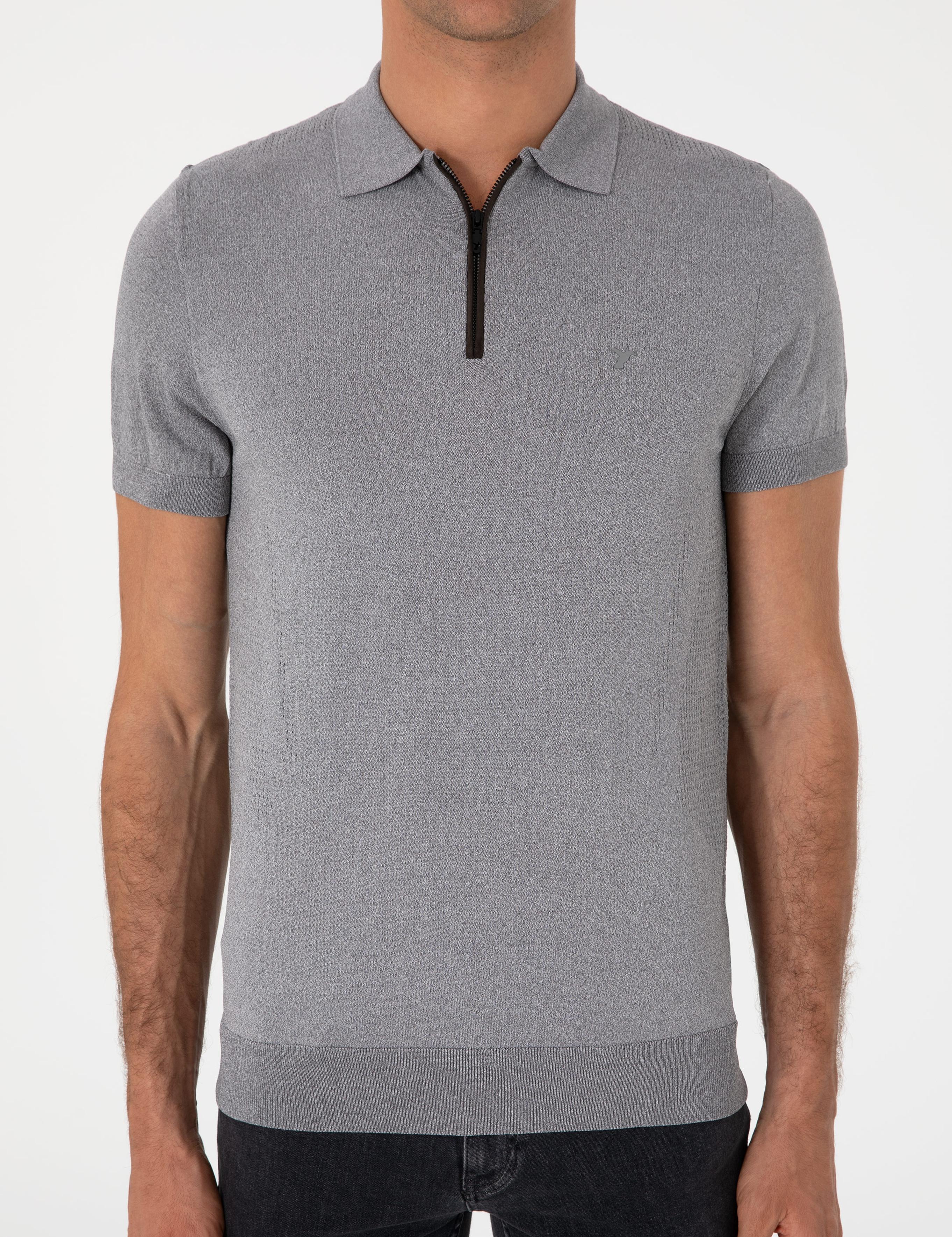 Gri Slim Fit Fermuarlı Polo Yaka Triko T-shirt - 50300817019