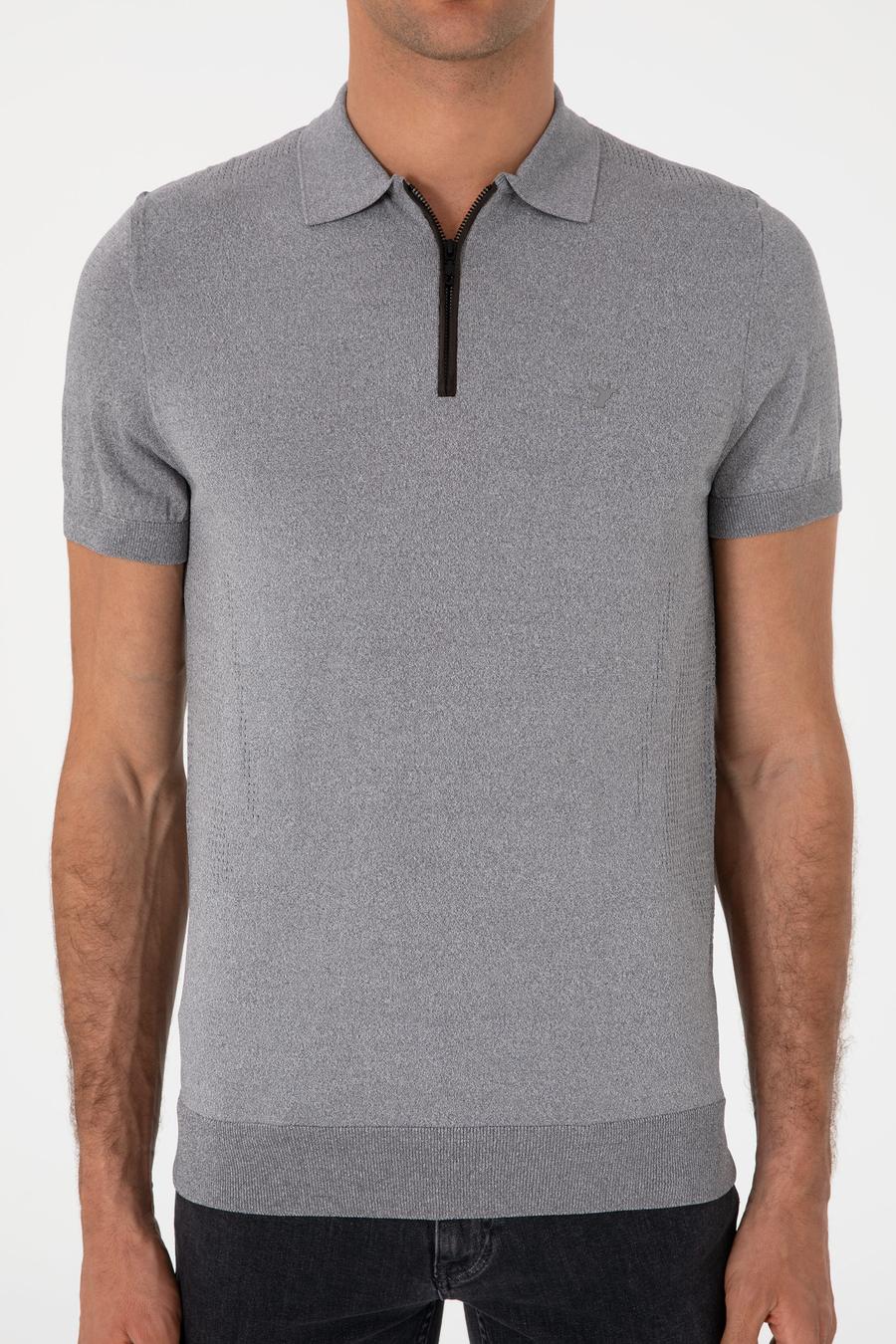 Gri Slim Fit Fermuarlı Polo Yaka Triko T-shirt - 50300817019