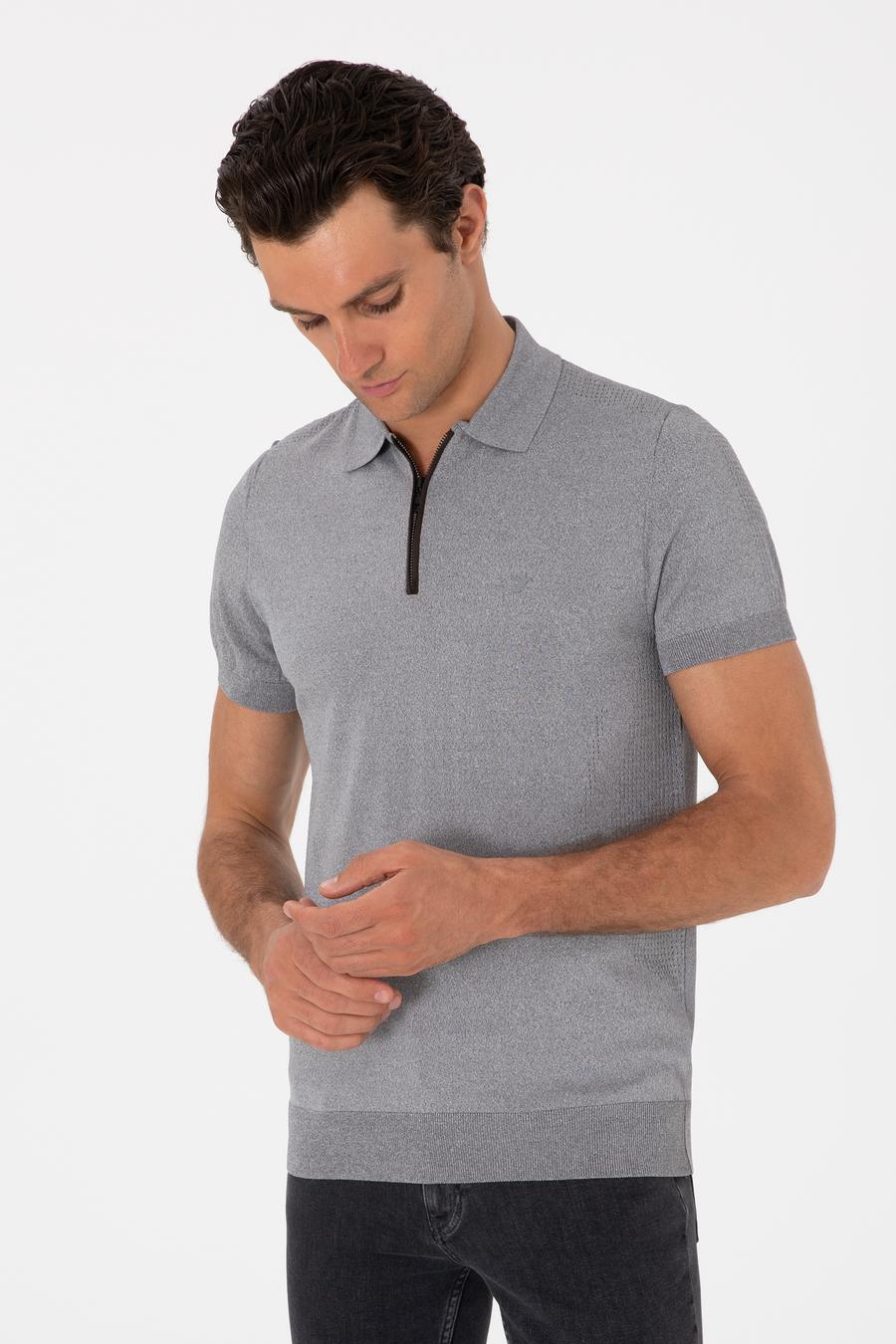 Gri Slim Fit Fermuarlı Polo Yaka Triko T-shirt - 50300817019