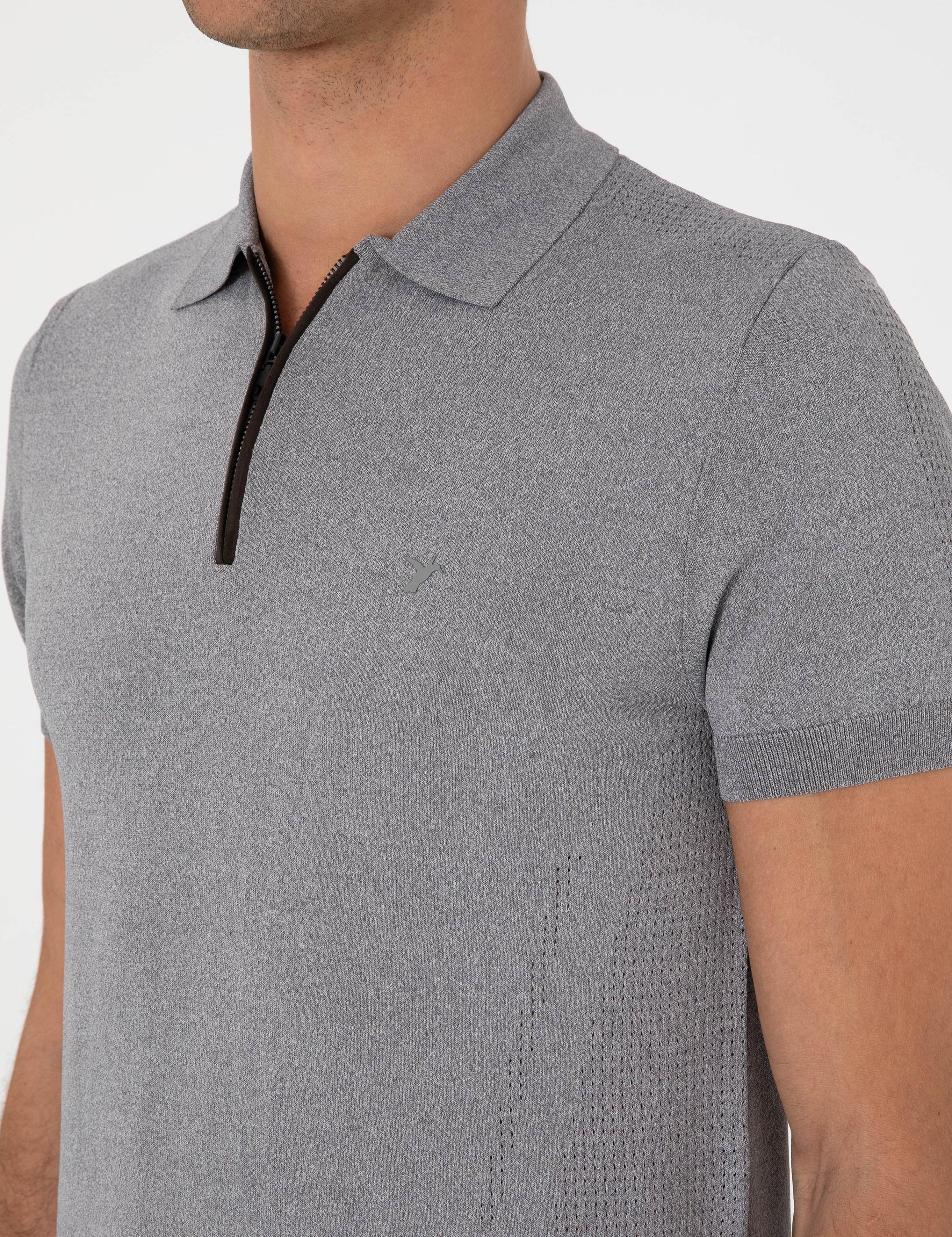 Gri Slim Fit Fermuarlı Polo Yaka Triko T-shirt - 50300817019