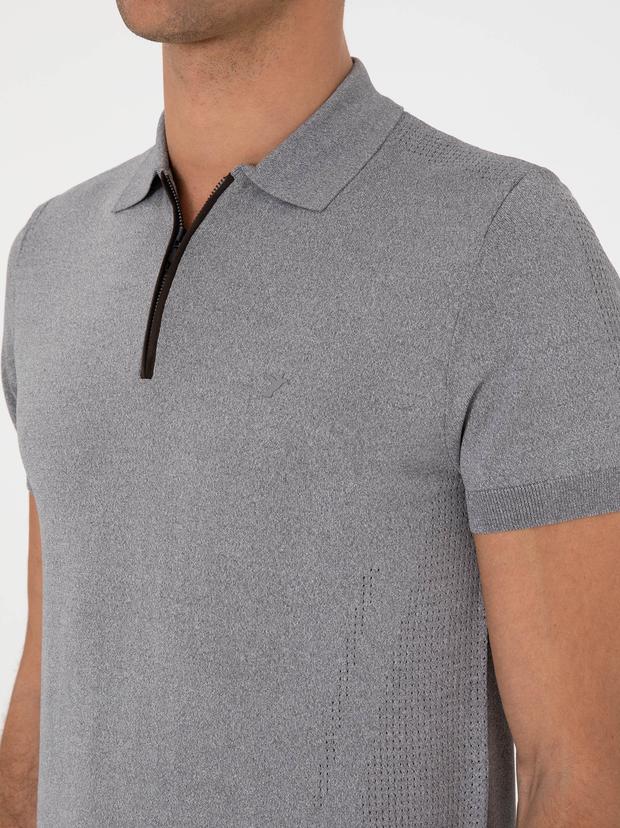 Gri Slim Fit Fermuarlı Polo Yaka Triko T-shirt