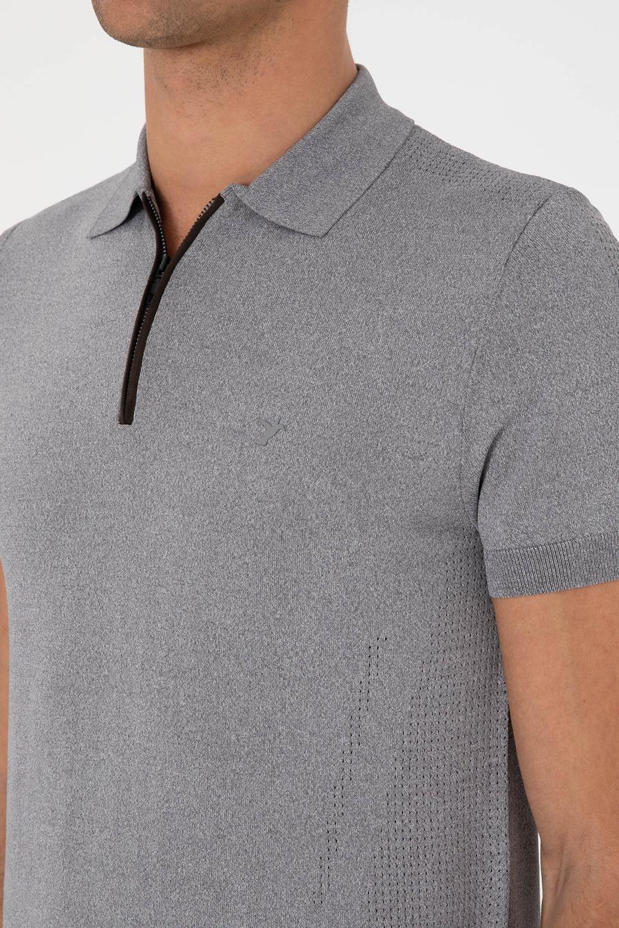 Gri Slim Fit Fermuarlı Polo Yaka Triko T-shirt - 50300817019