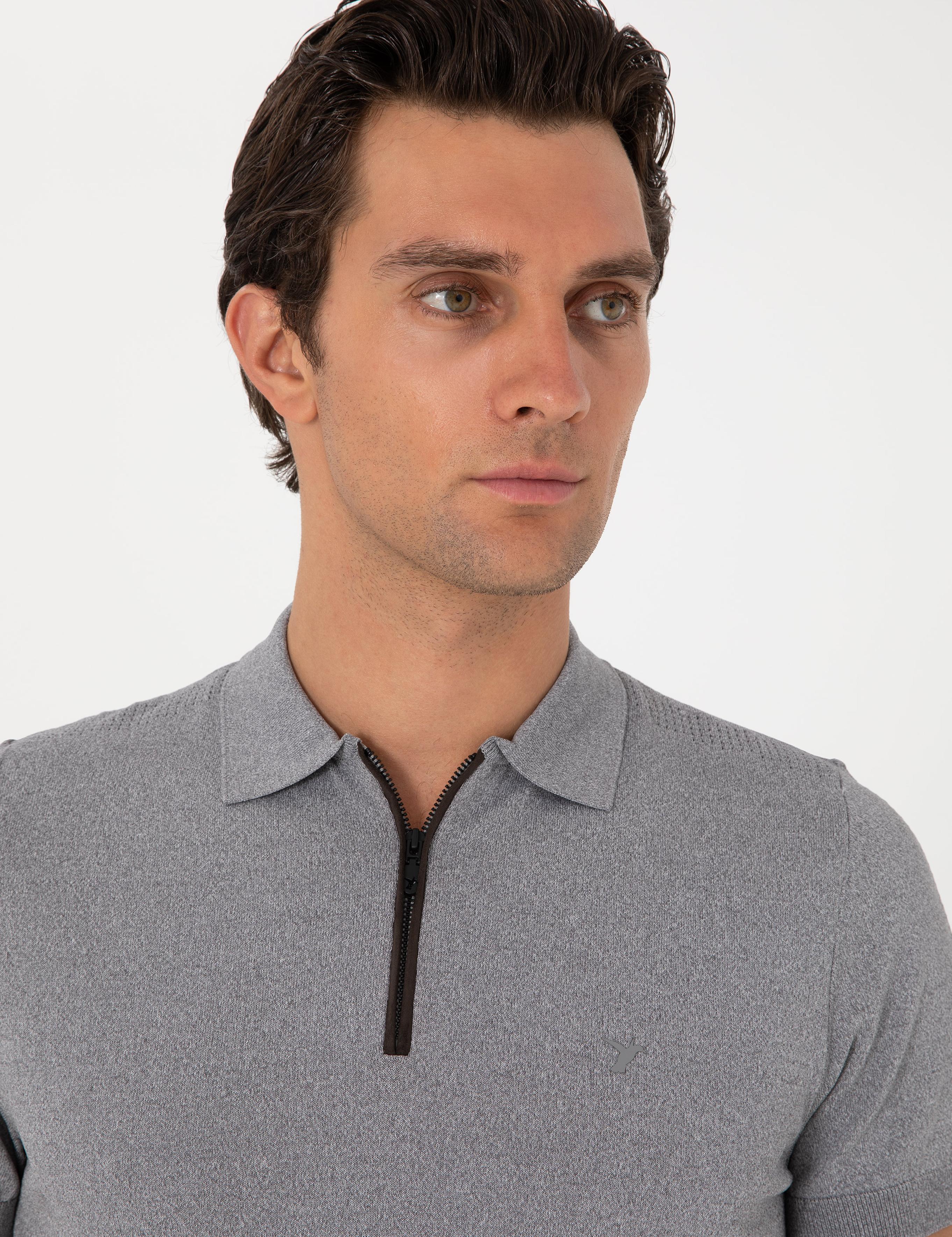 Gri Slim Fit Fermuarlı Polo Yaka Triko T-shirt - 50300817019