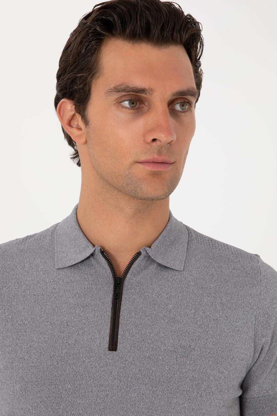 Gri Slim Fit Fermuarlı Polo Yaka Triko T-shirt - 50300817019
