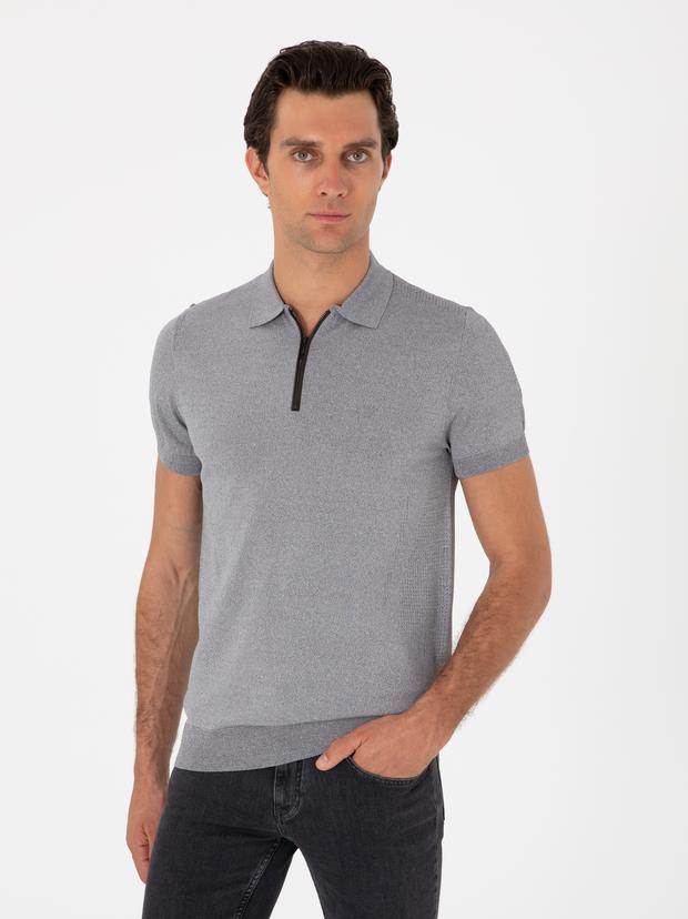 Gri Slim Fit Fermuarlı Polo Yaka Triko T-shirt