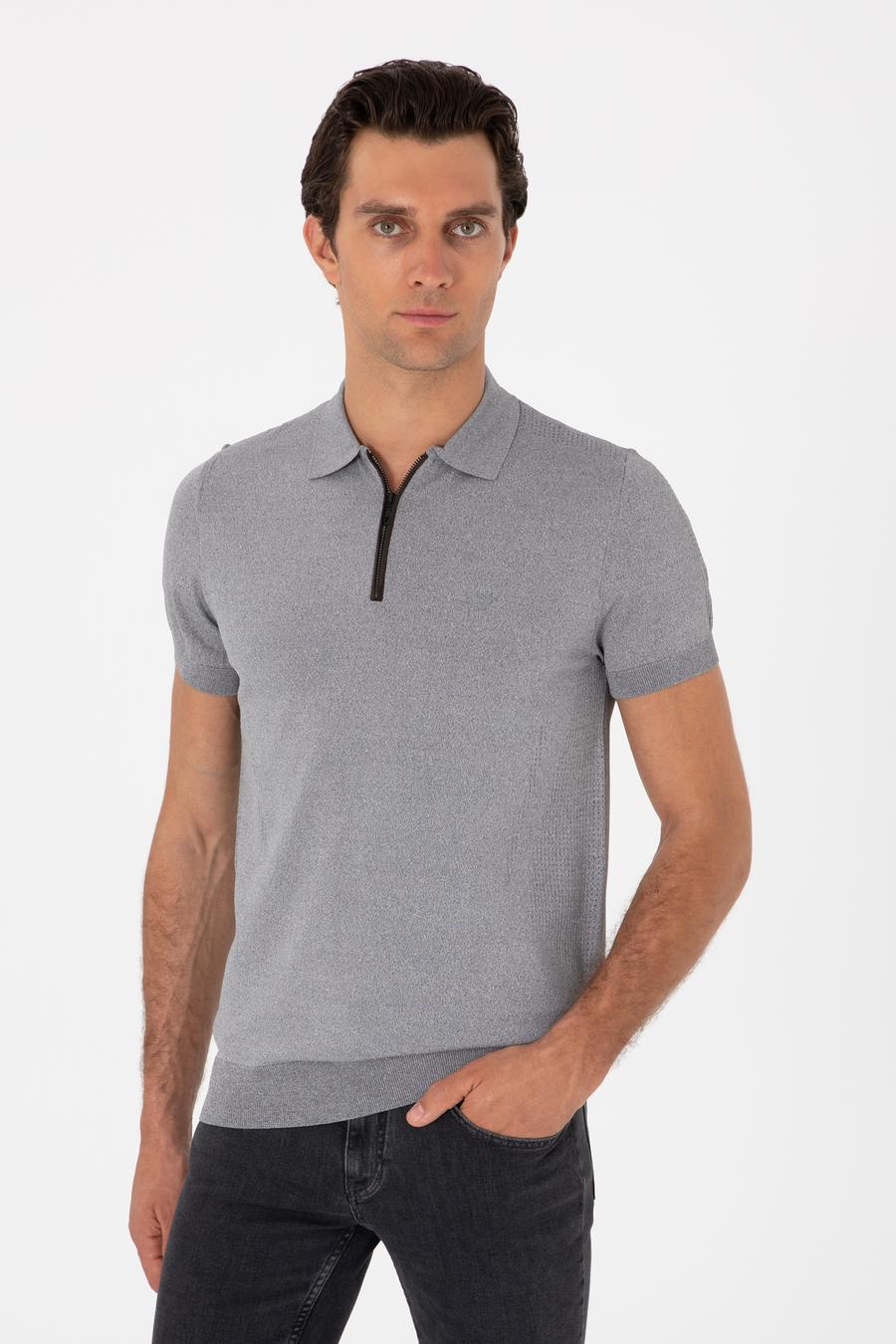Gri Slim Fit Fermuarlı Polo Yaka Triko T-shirt - 50300817019