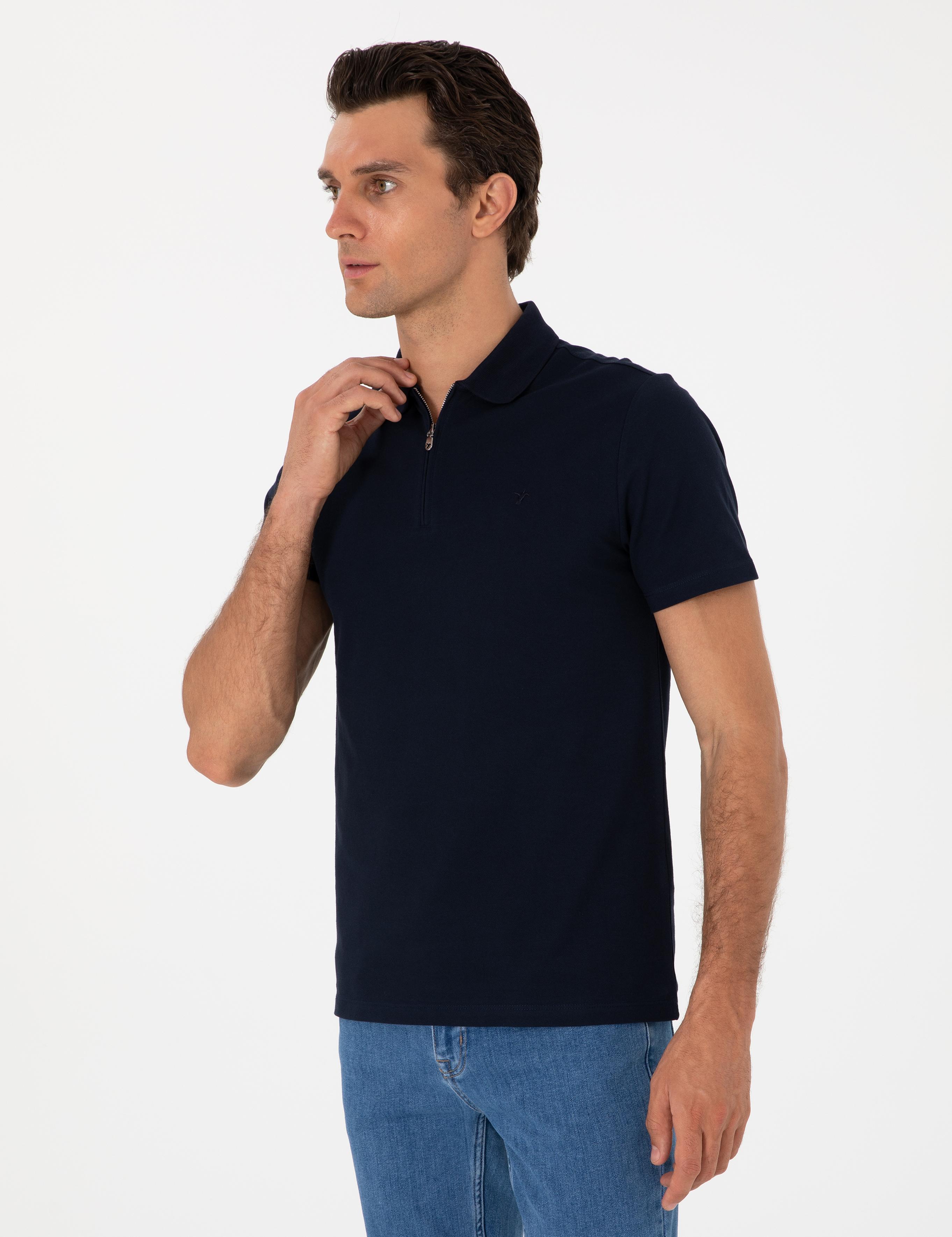 Lacivert Slim Fit %100 Pamuk Fermuarlı Polo Yaka T-shirt - 50310032020