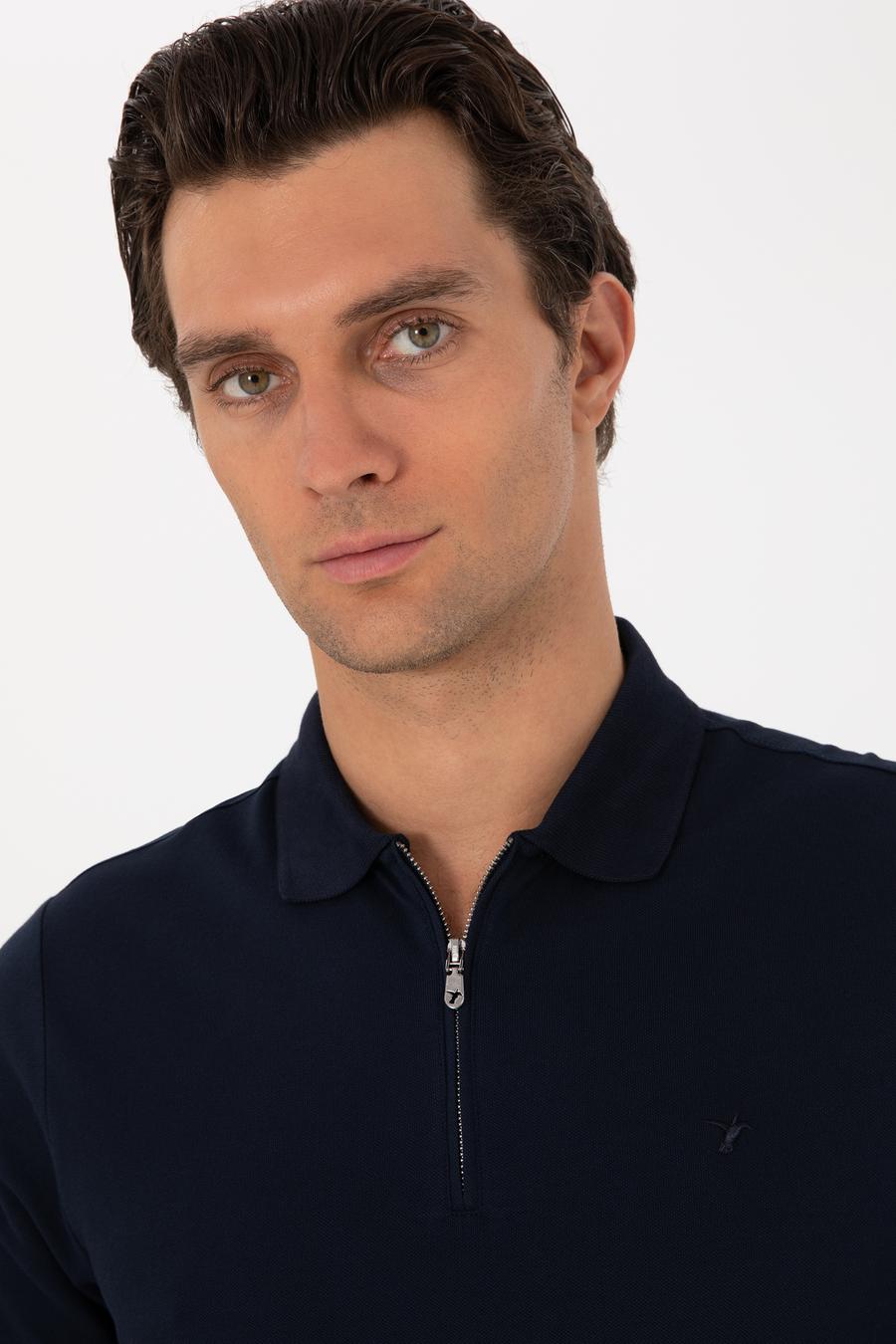 Lacivert Slim Fit %100 Pamuk Fermuarlı Polo Yaka T-shirt - 50310032020