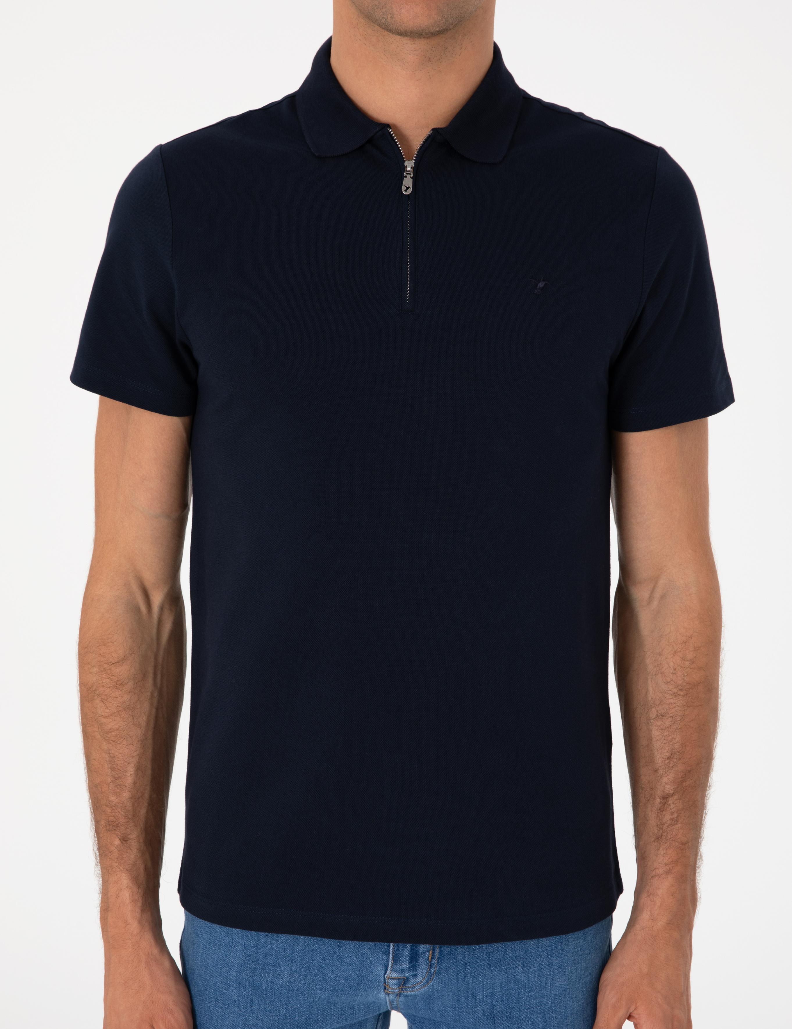 Lacivert Slim Fit %100 Pamuk Fermuarlı Polo Yaka T-shirt - 50310032020