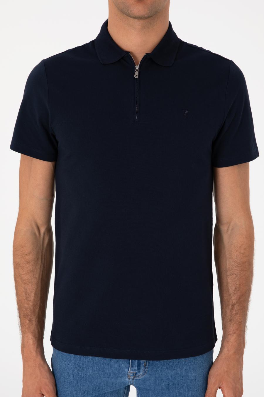 Lacivert Slim Fit %100 Pamuk Fermuarlı Polo Yaka T-shirt - 50310032020