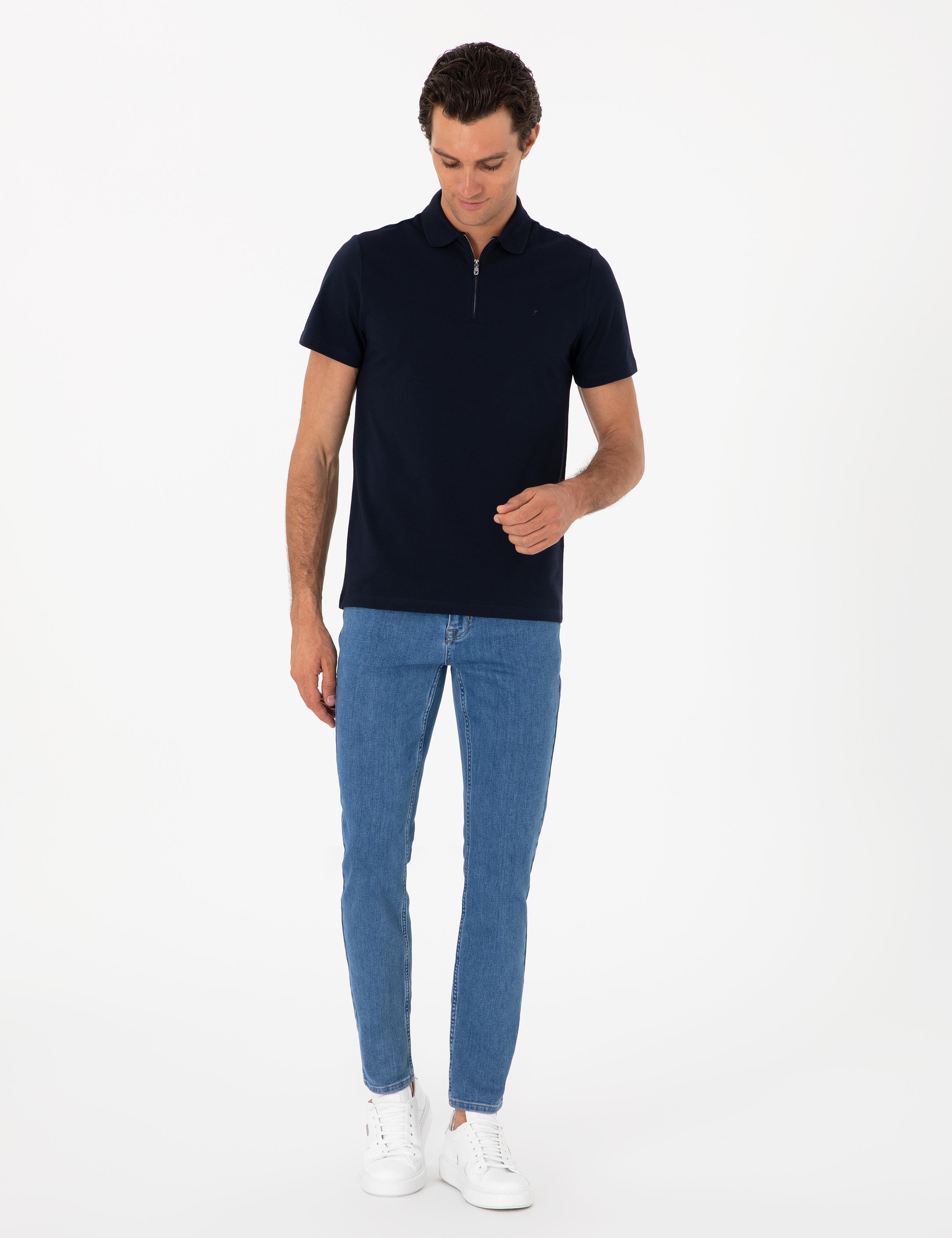 Lacivert Slim Fit %100 Pamuk Fermuarlı Polo Yaka T-shirt - 50310032020