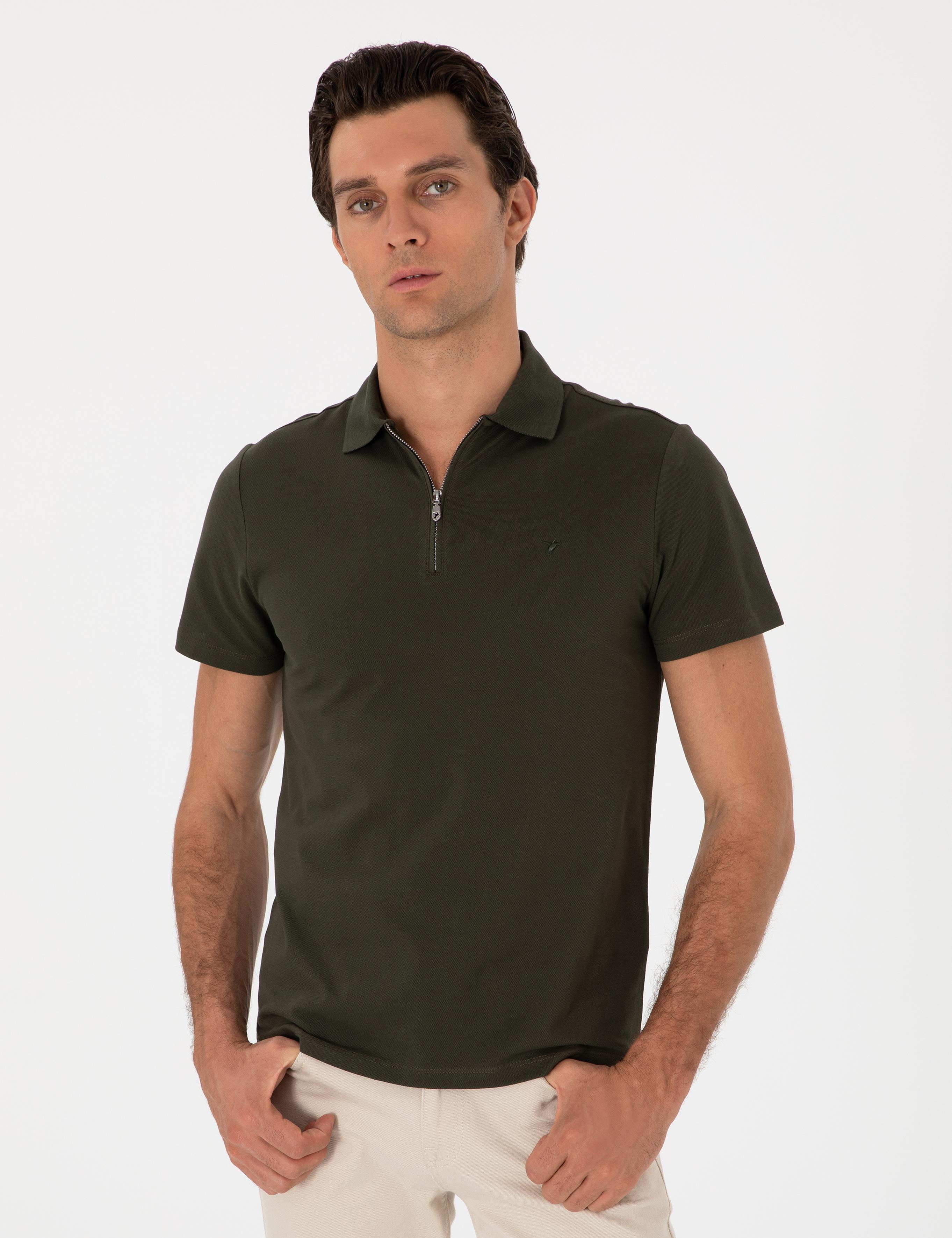 Haki Slim Fit %100 Pamuk Fermuarlı Polo Yaka T-shirt - 50310032013