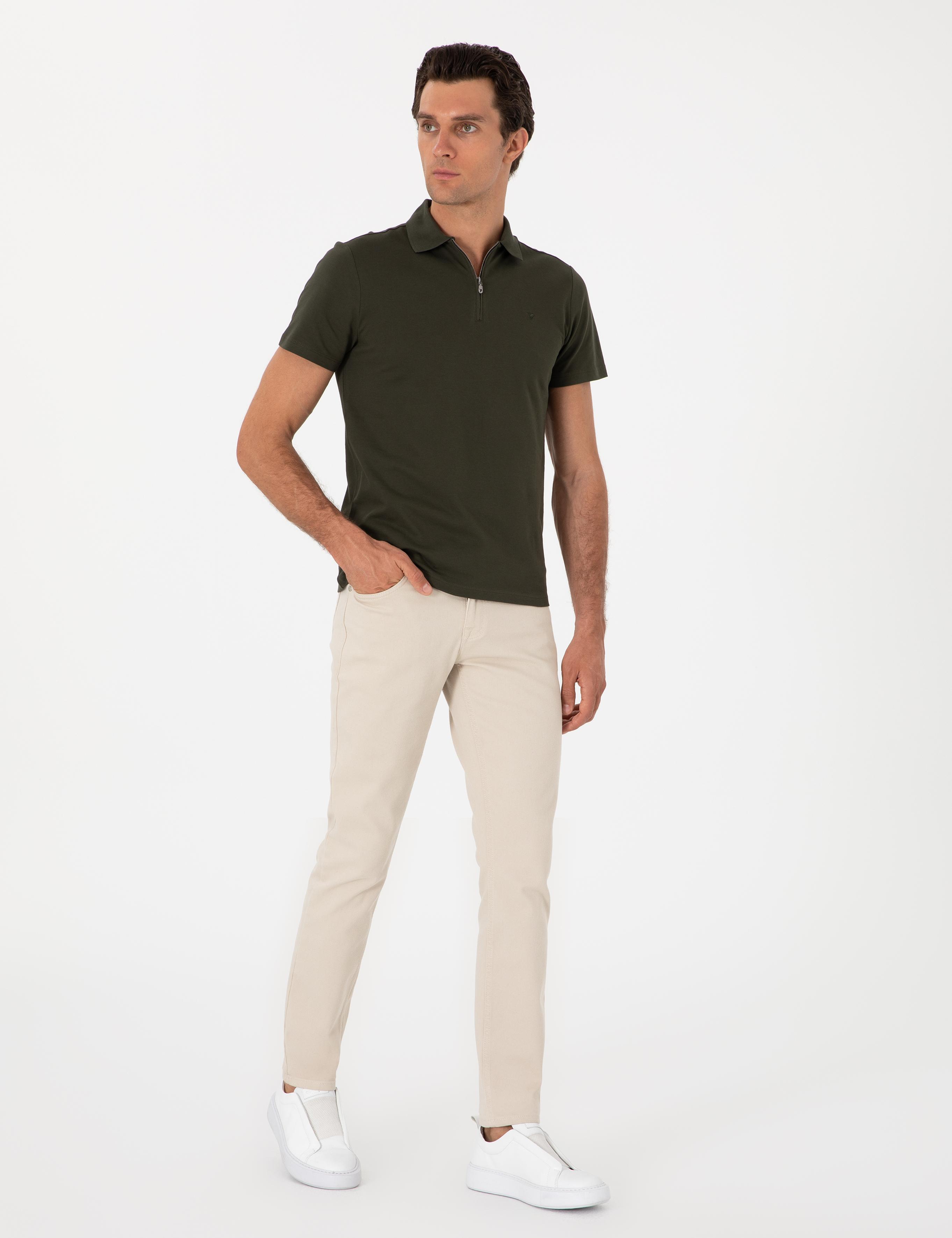 Haki Slim Fit %100 Pamuk Fermuarlı Polo Yaka T-shirt - 50310032013