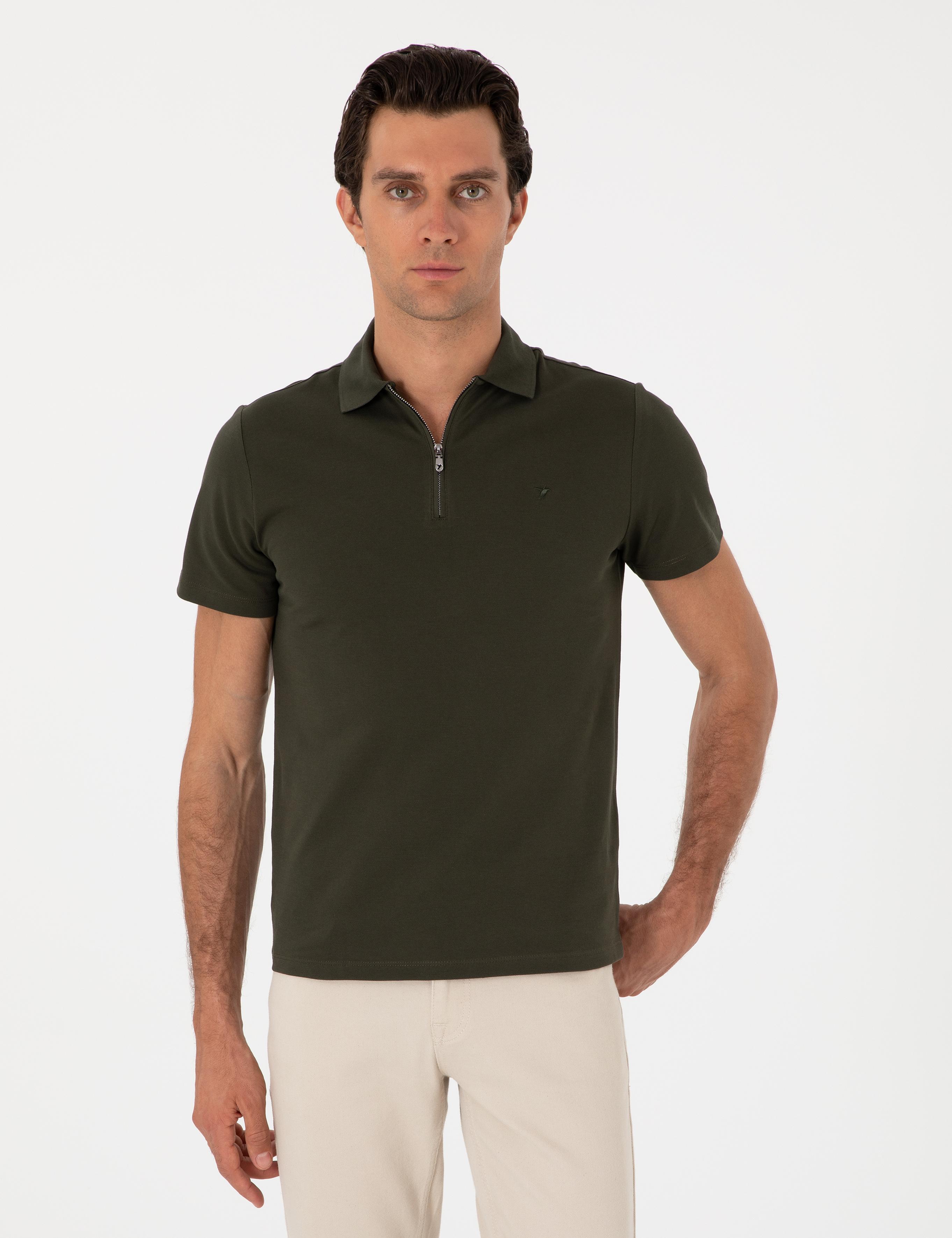 Haki Slim Fit %100 Pamuk Fermuarlı Polo Yaka T-shirt - 50310032013
