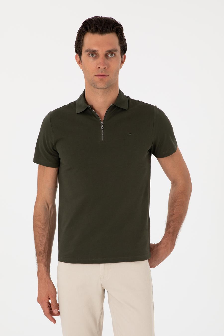 Haki Slim Fit %100 Pamuk Fermuarlı Polo Yaka T-shirt - 50310032013