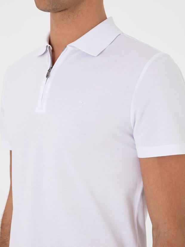 Beyaz Slim Fit %100 Pamuk Fermuarlı Polo Yaka T-shirt