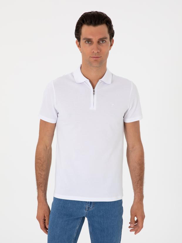 Beyaz Slim Fit %100 Pamuk Fermuarlı Polo Yaka T-shirt