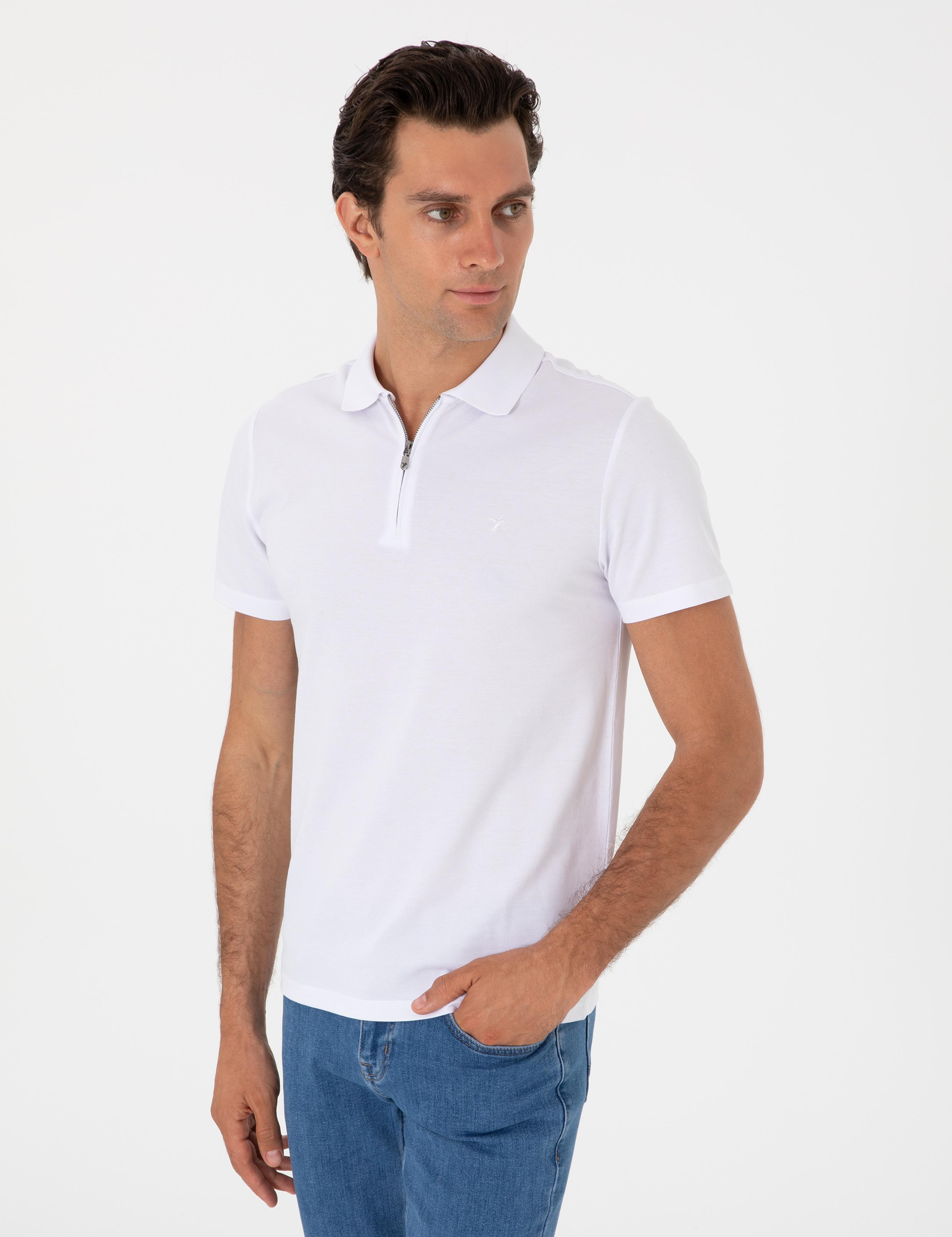 Beyaz Slim Fit %100 Pamuk Fermuarlı Polo Yaka T-shirt - 50310032001