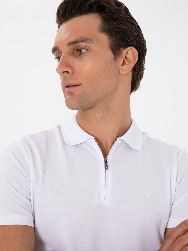 Beyaz Slim Fit %100 Pamuk Fermuarlı Polo Yaka T-shirt