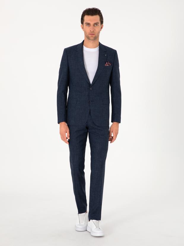 Lacivert Slim Fit Yün İpek Karışımlı Mikro Desenli Takım Elbise