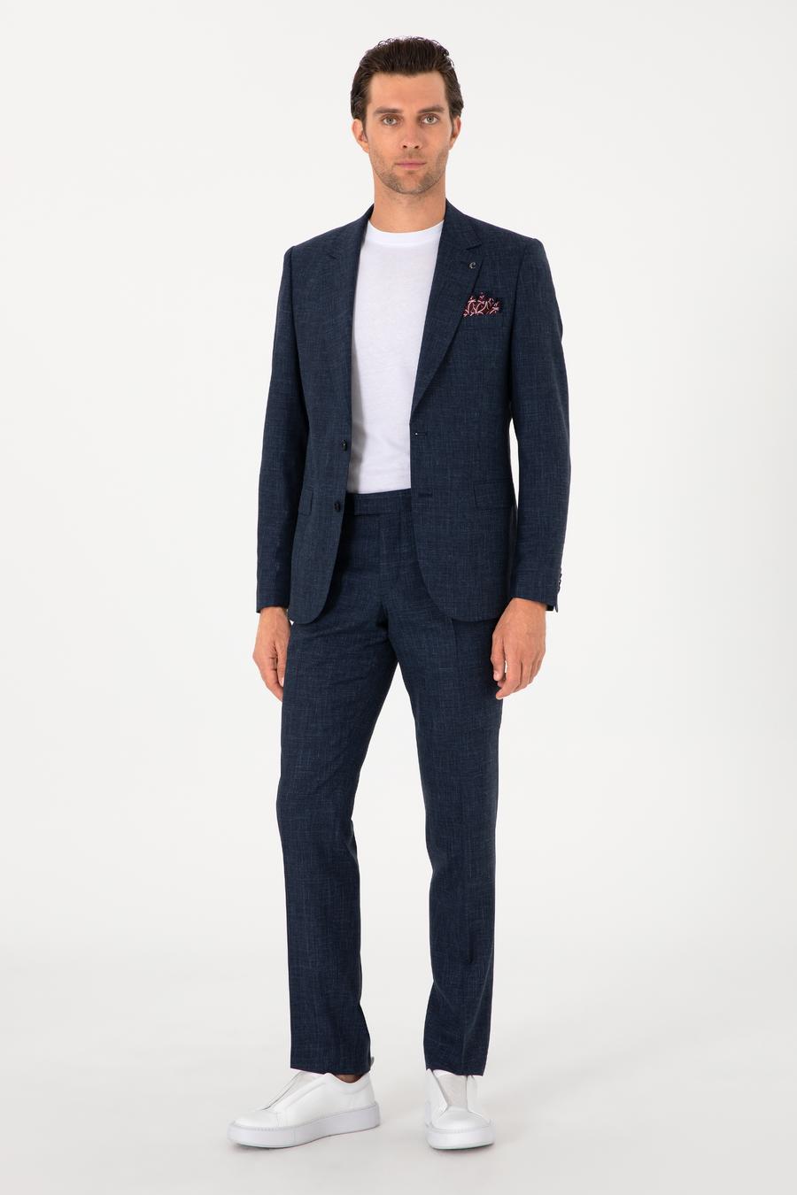 Lacivert Slim Fit Yün İpek Karışımlı Mikro Desenli Takım Elbise - 50306778008