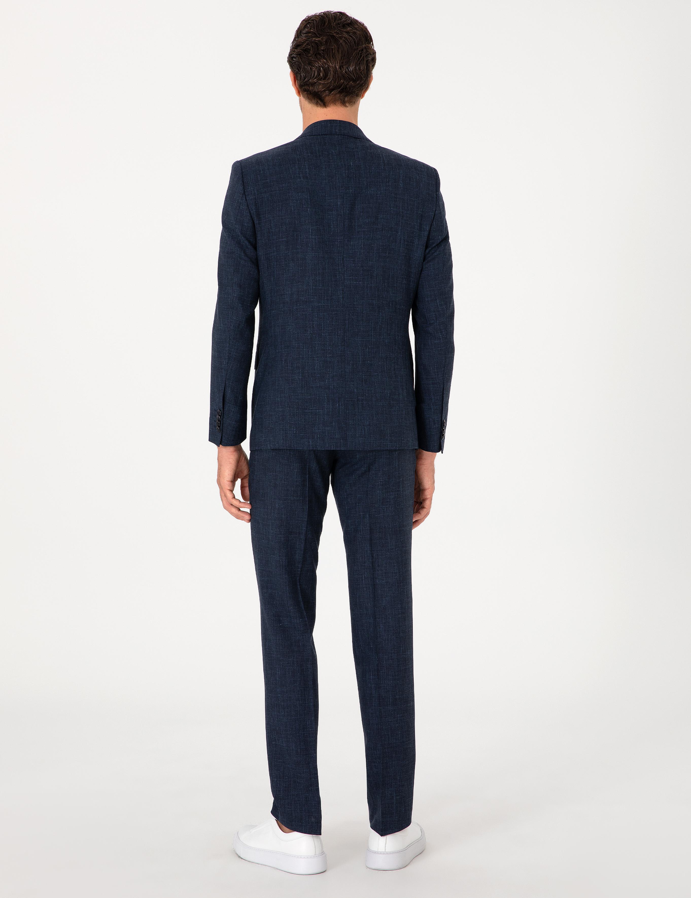 Lacivert Slim Fit Yün İpek Karışımlı Mikro Desenli Takım Elbise - 50306778008