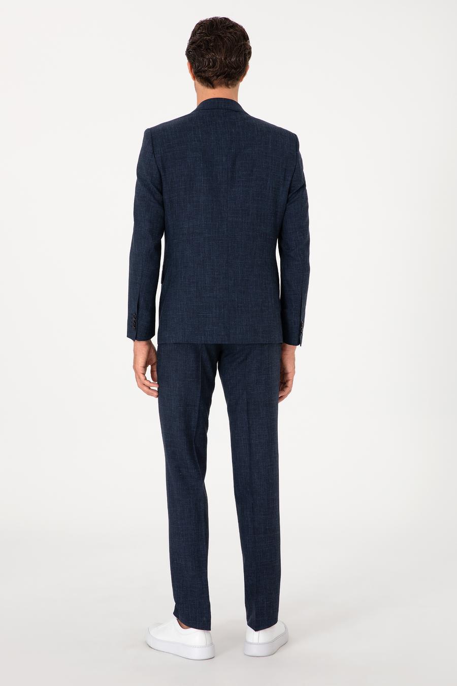Lacivert Slim Fit Yün İpek Karışımlı Mikro Desenli Takım Elbise - 50306778008