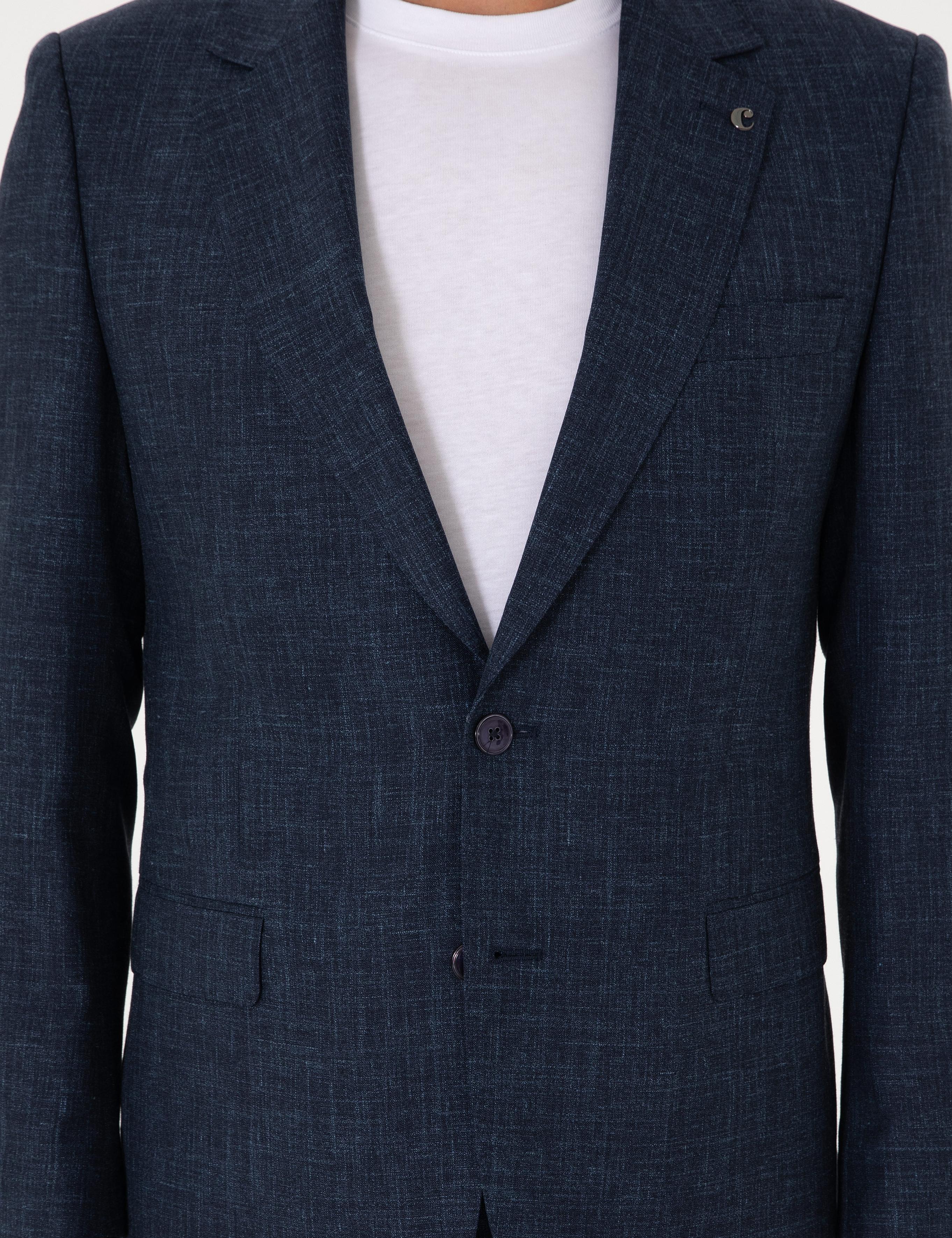 Lacivert Slim Fit Yün İpek Karışımlı Mikro Desenli Takım Elbise - 50306778008