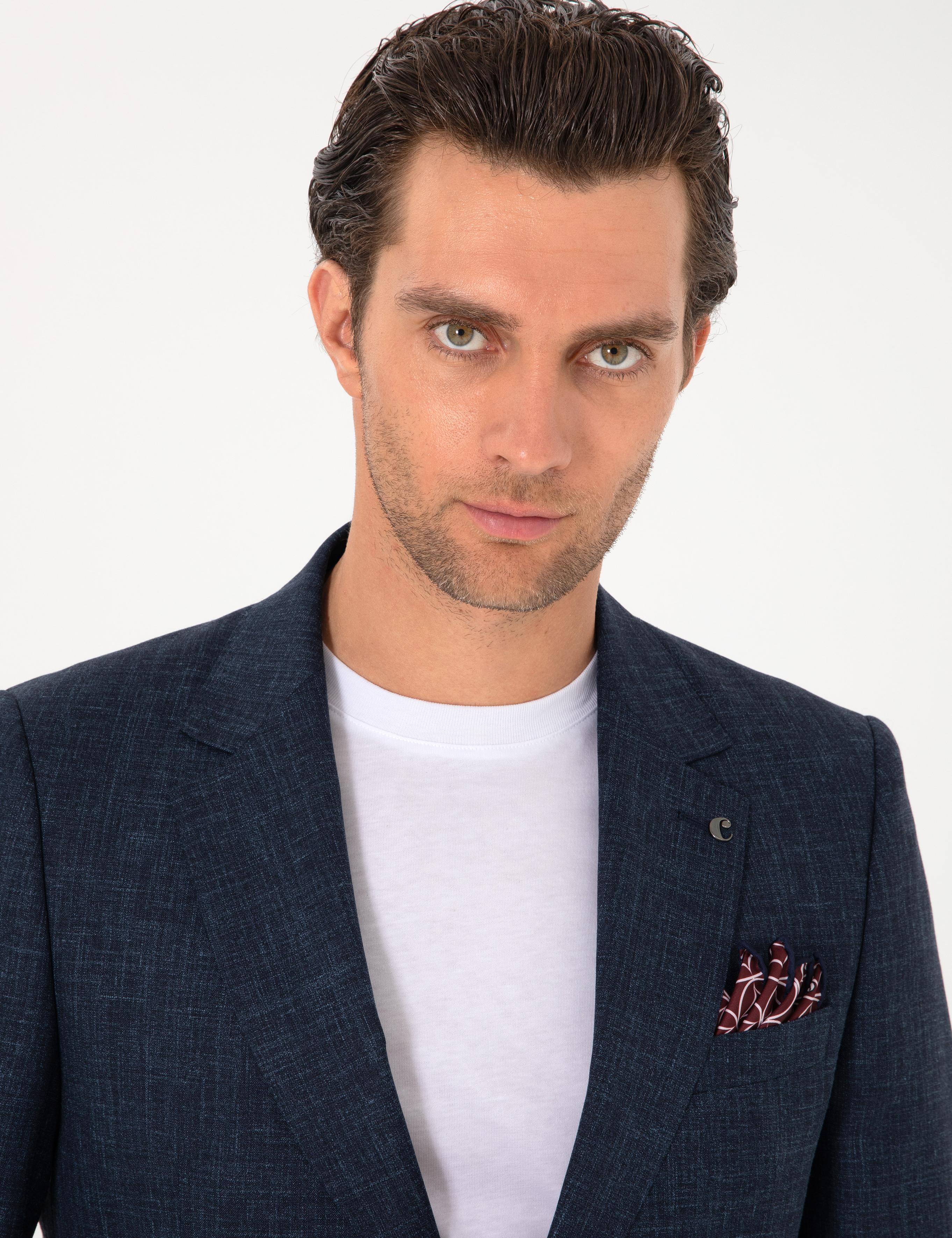 Lacivert Slim Fit Yün İpek Karışımlı Mikro Desenli Takım Elbise - 50306778008