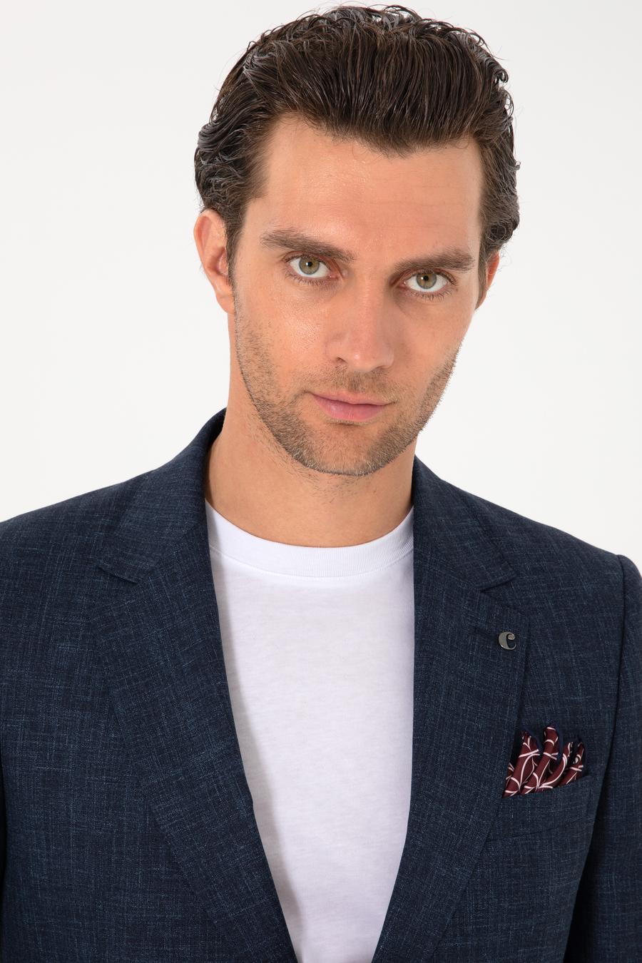 Lacivert Slim Fit Yün İpek Karışımlı Mikro Desenli Takım Elbise - 50306778008