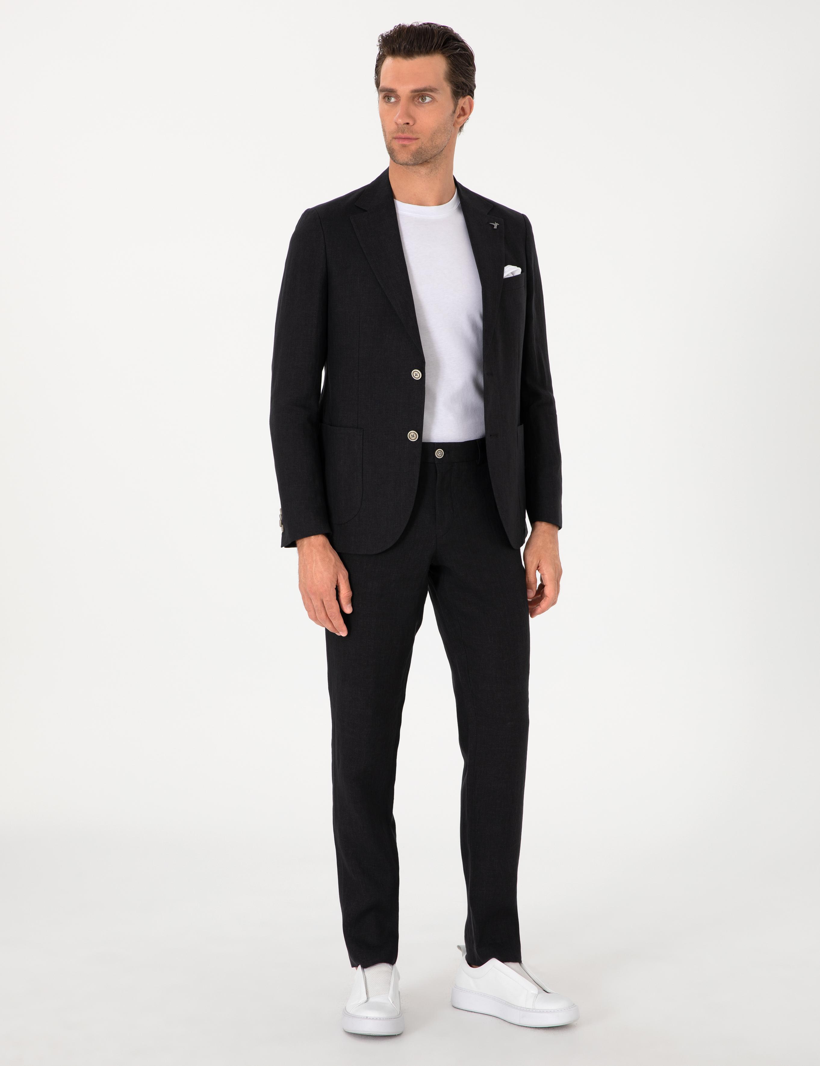 Siyah Slim Fit %100 Keten Pantolon - 50306223058