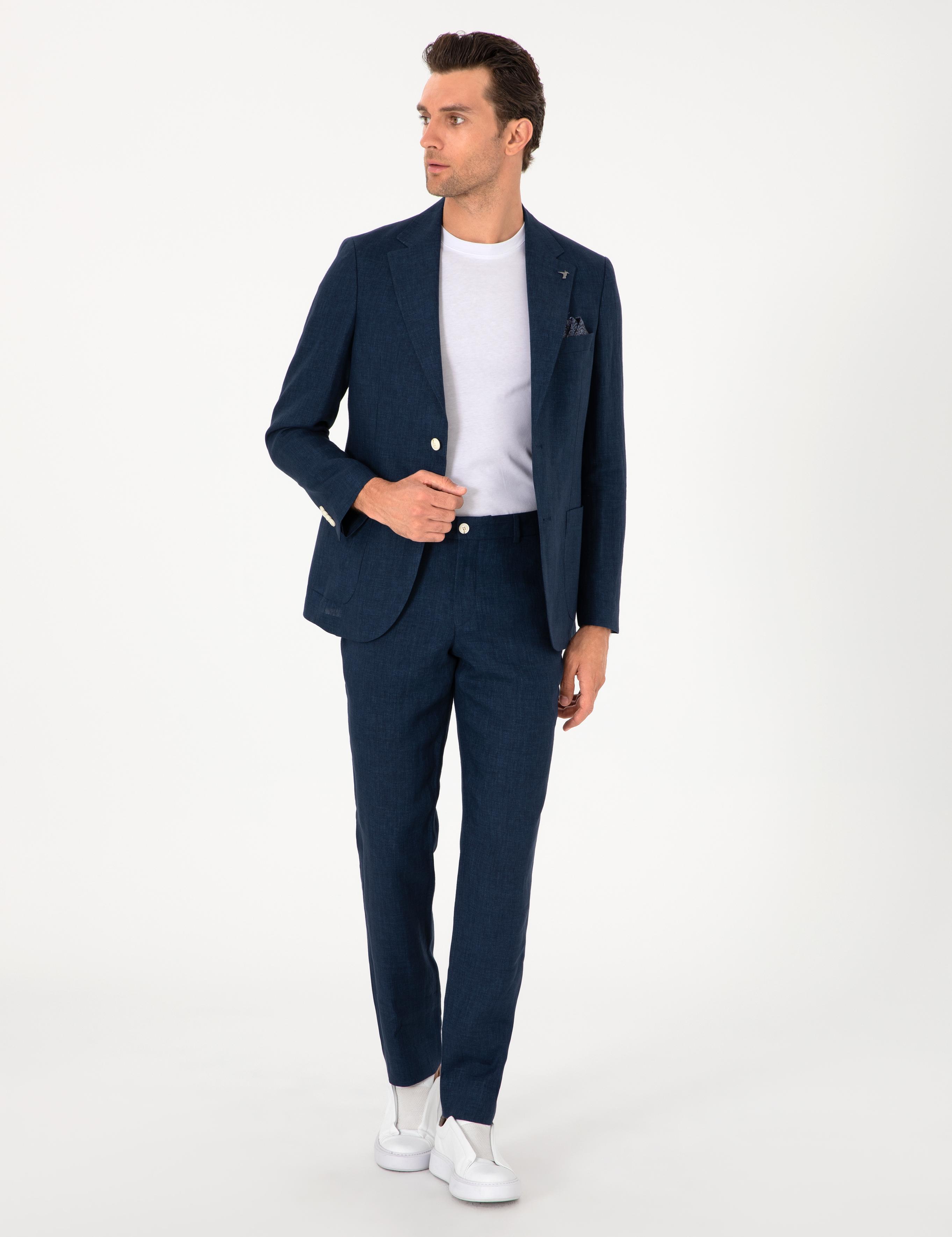 Lacivert Slim Fit %100 Keten Pantolon - 50306223036