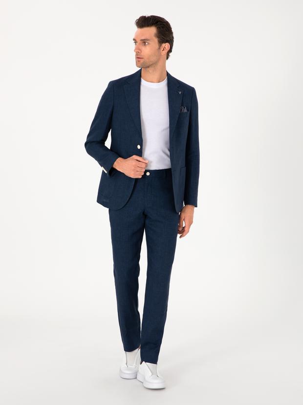 Lacivert Slim Fit %100 Keten Pantolon