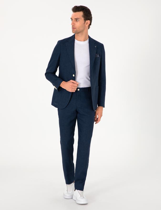 Lacivert Slim Fit %100 Keten Pantolon