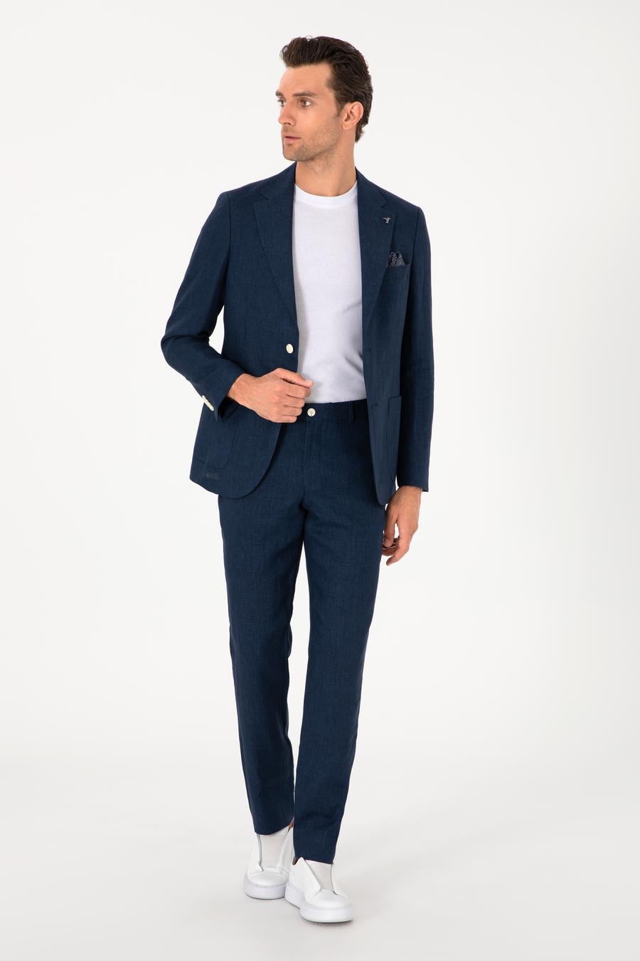 Lacivert Slim Fit %100 Keten Pantolon - 50306223036