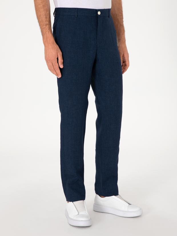 Lacivert Slim Fit %100 Keten Pantolon