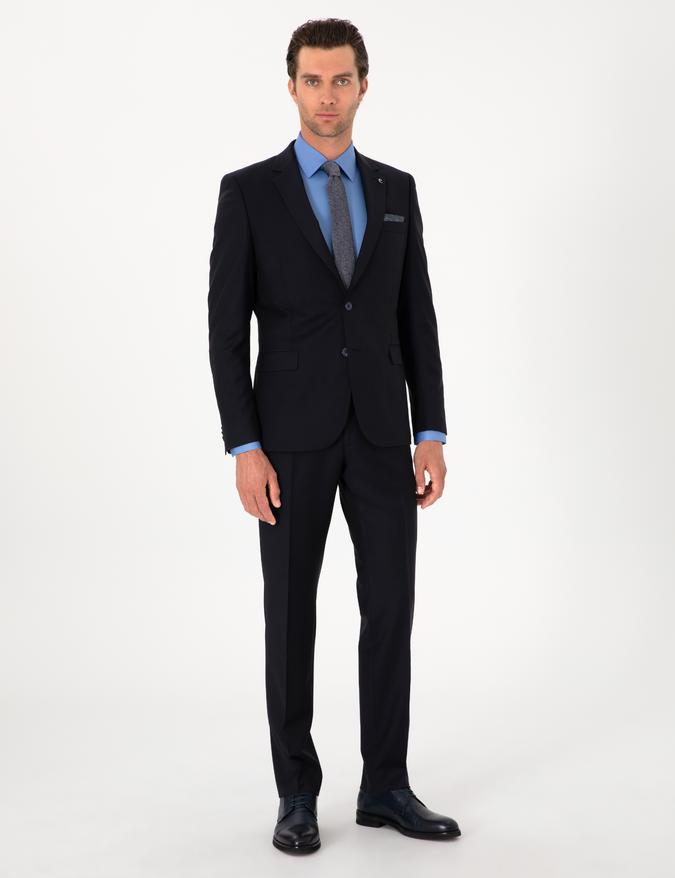 Lacivert Slim Fit %100 Yün Klasik Takım Elbise