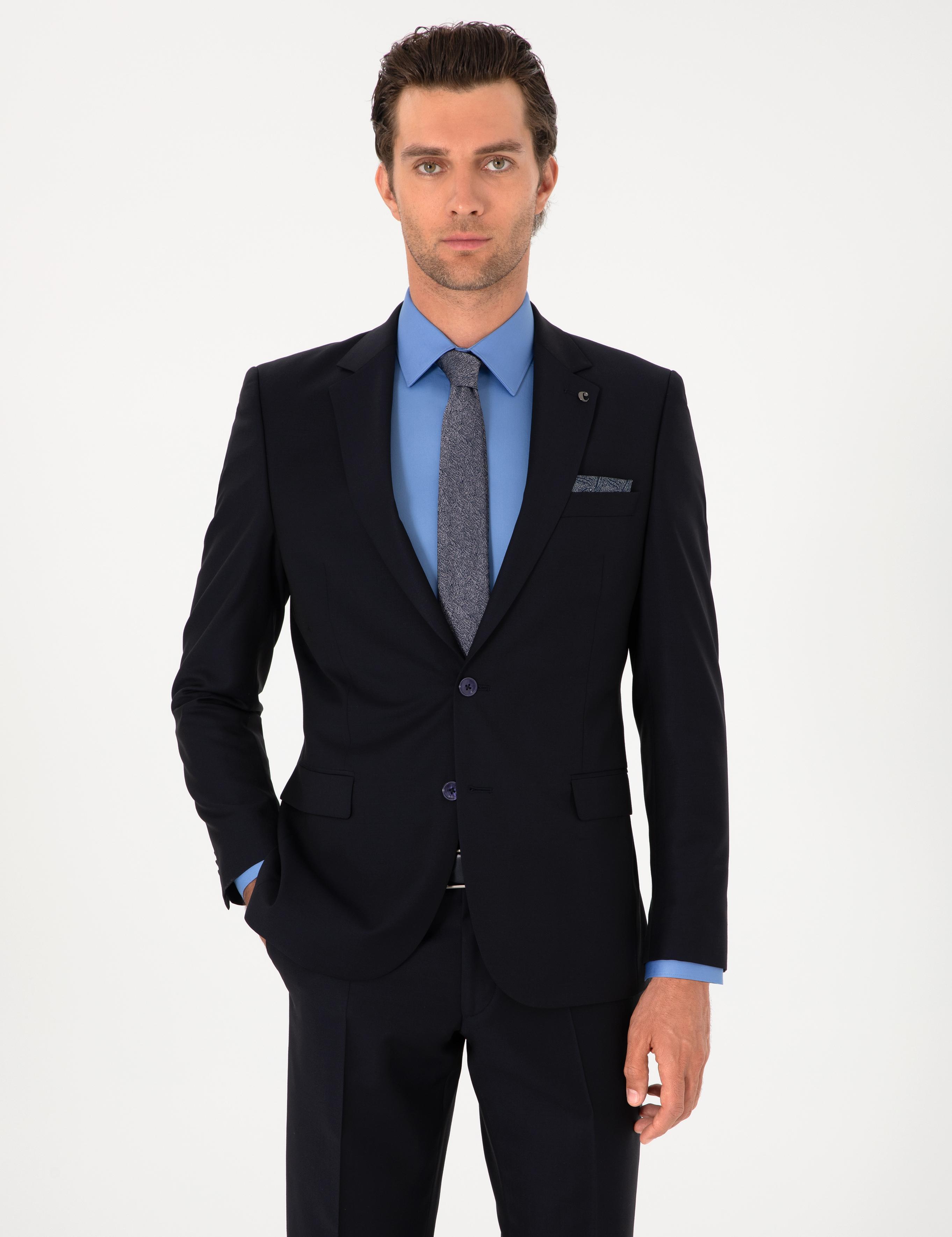 Lacivert Slim Fit %100 Yün Klasik Takım Elbise - 50304078015