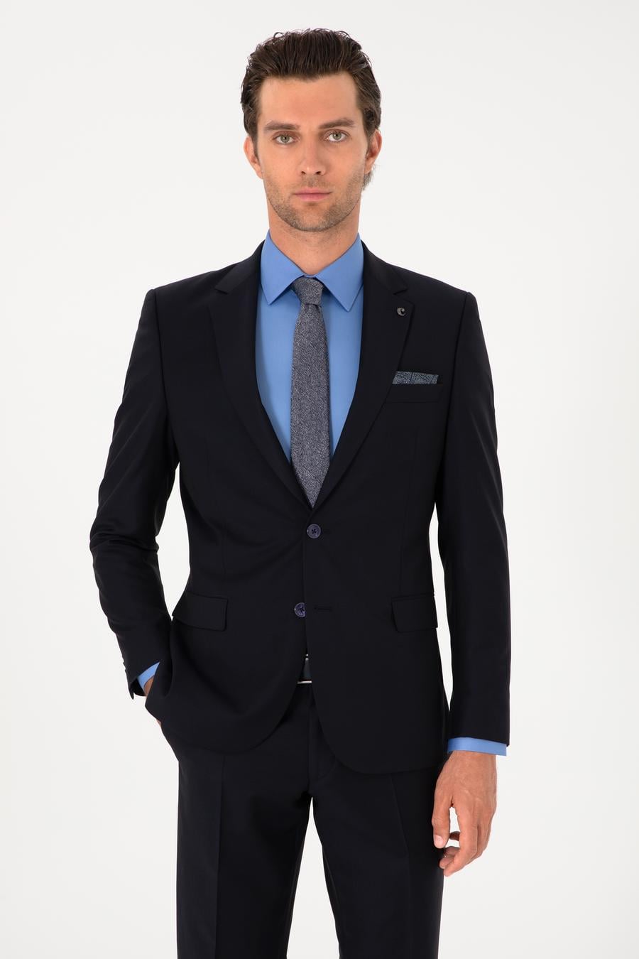 Lacivert Slim Fit %100 Yün Klasik Takım Elbise - 50304078015