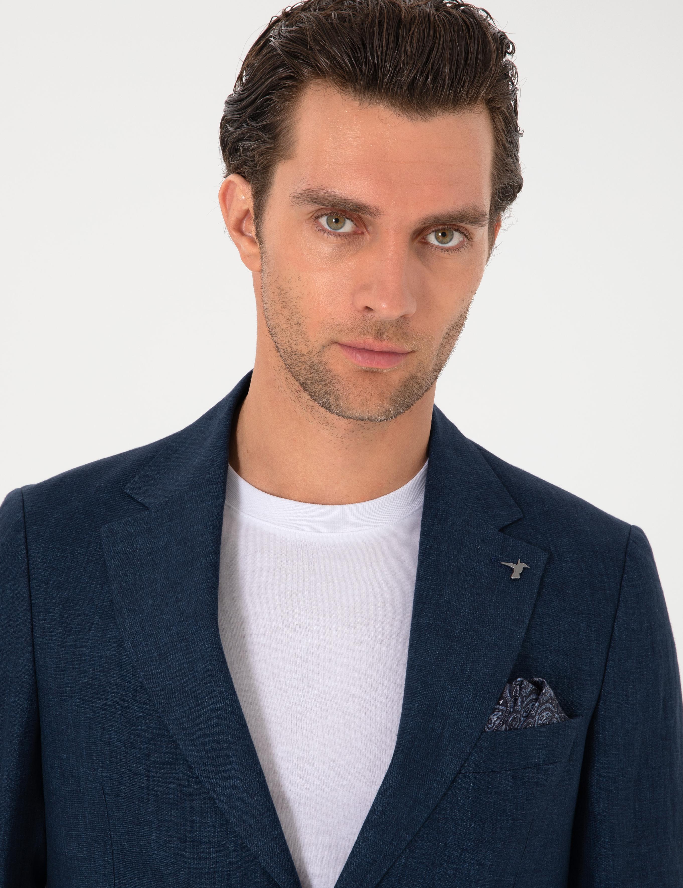 Lacivert Slim Fit %100 Keten Ceket - 50306124137