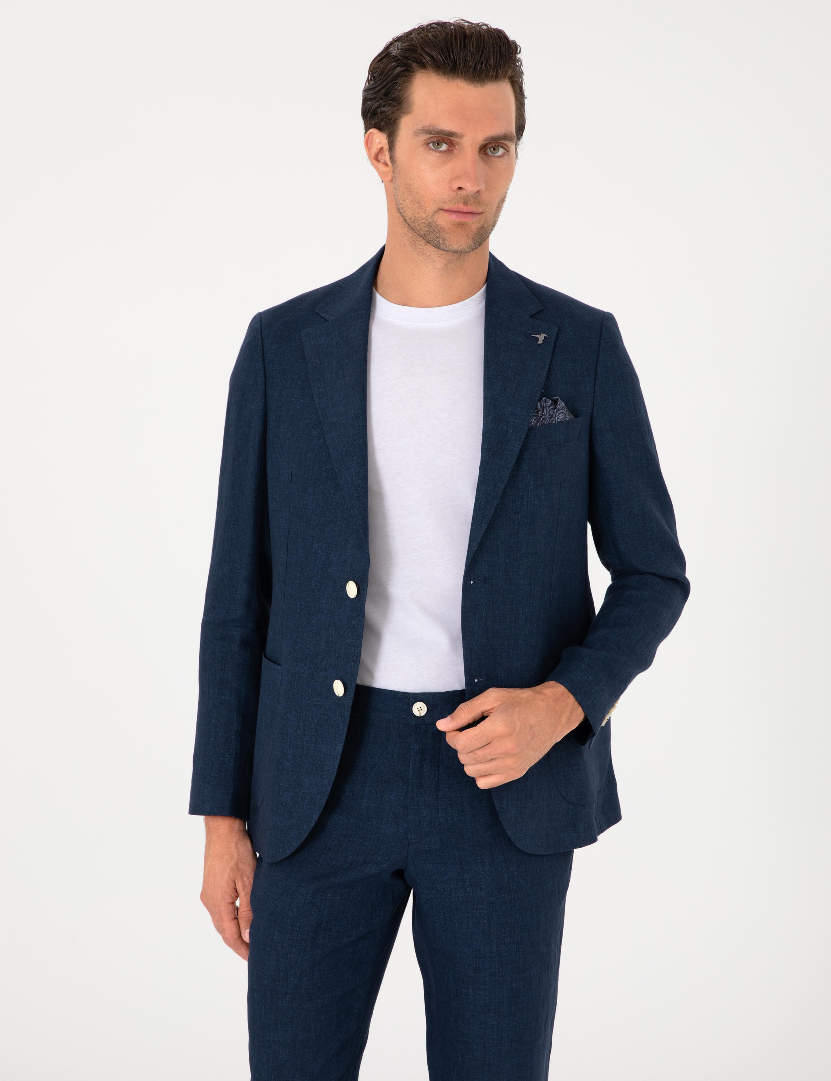Lacivert Slim Fit %100 Keten Ceket - 50306124137