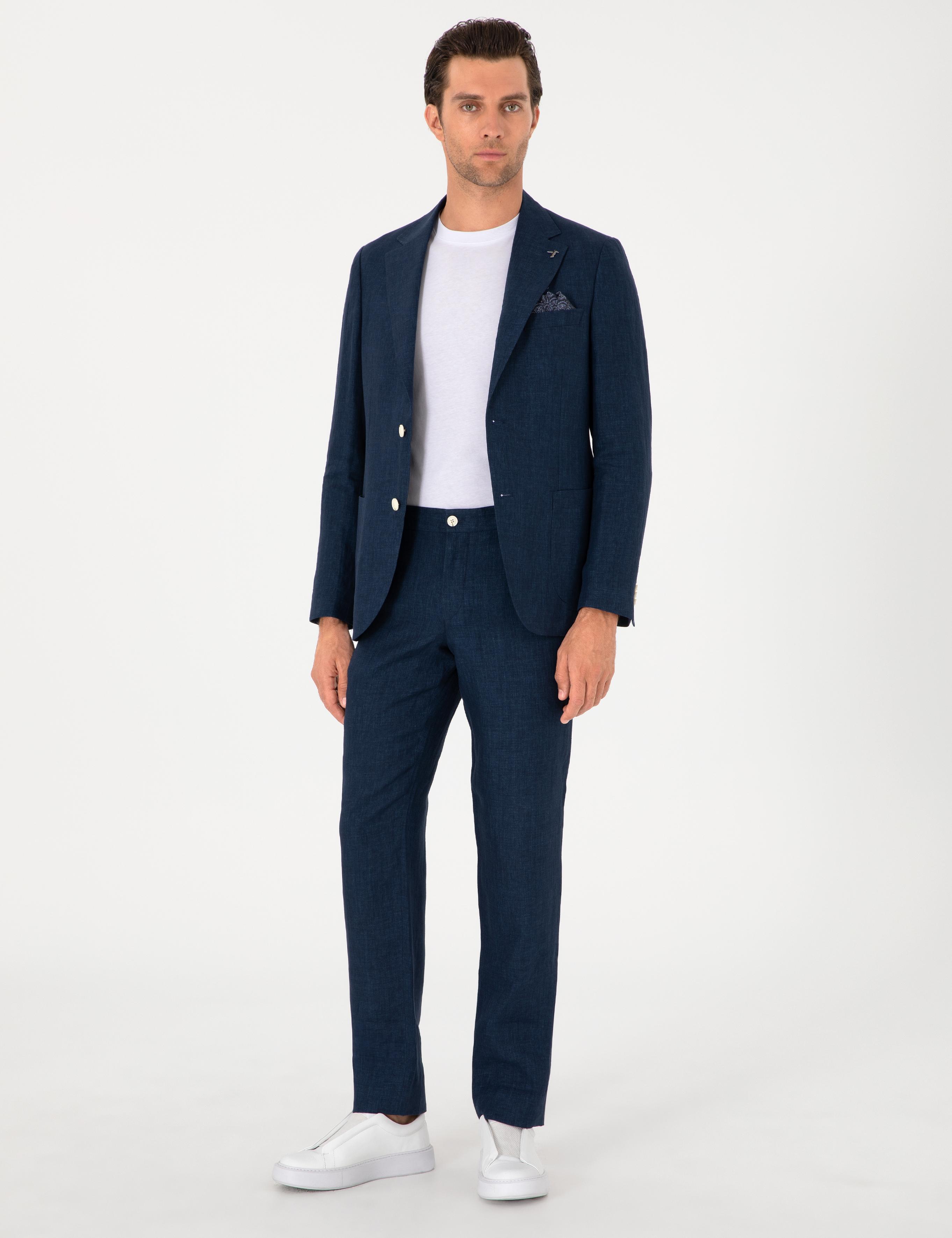 Lacivert Slim Fit %100 Keten Ceket - 50306124137
