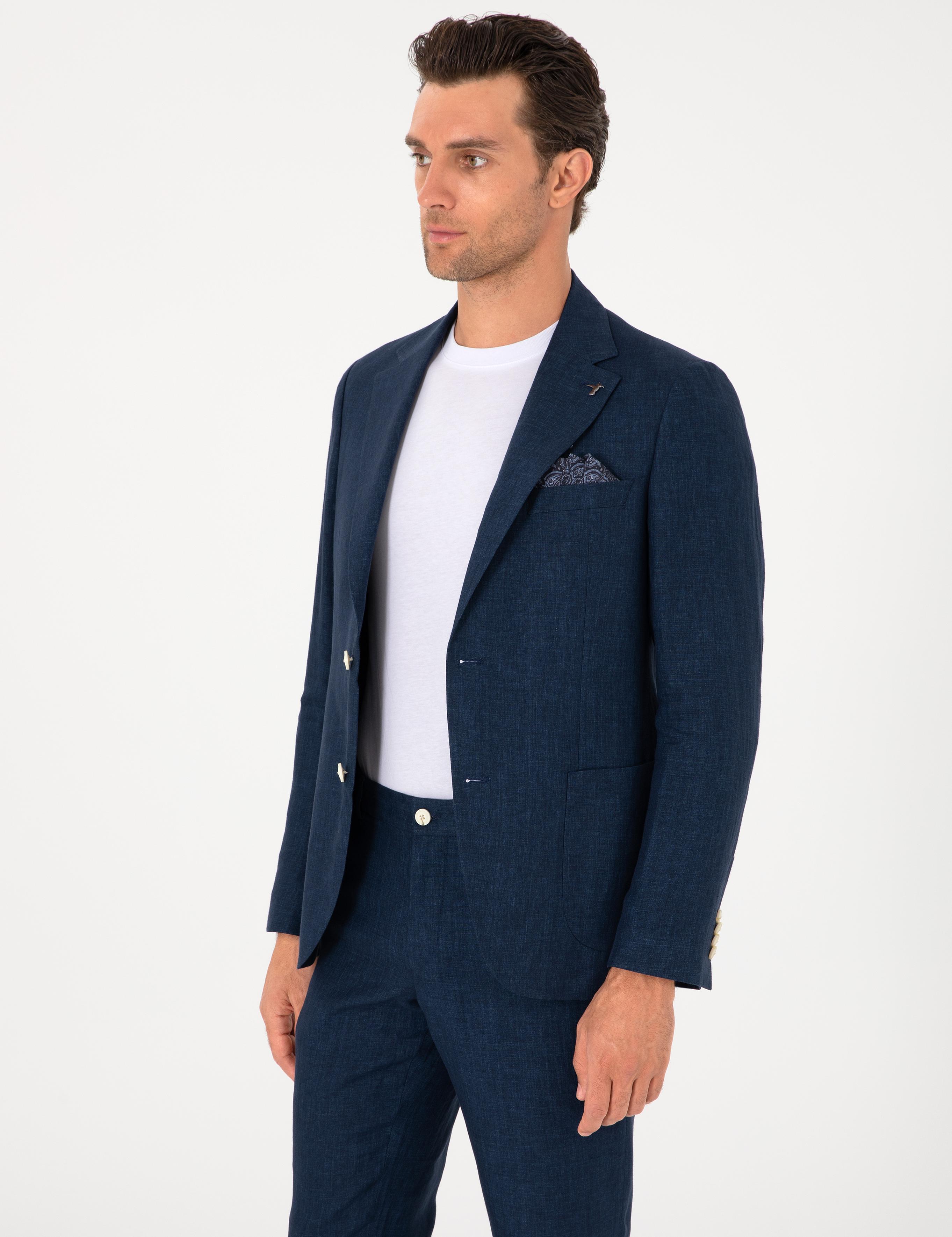Lacivert Slim Fit %100 Keten Ceket - 50306124137