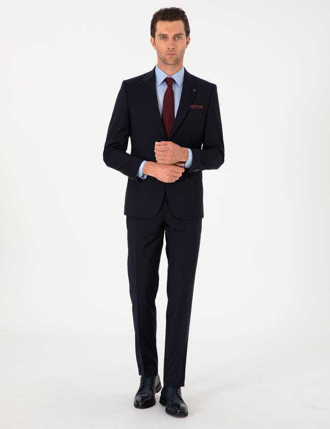 Lacivert Slim Fit %100 Yün Klasik Takım Elbise