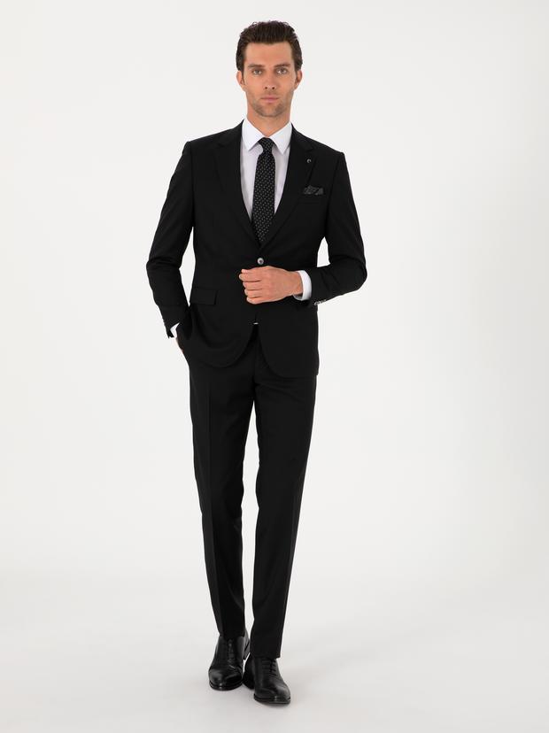 Siyah Slim Fit %100 Yün Klasik Takım Elbise