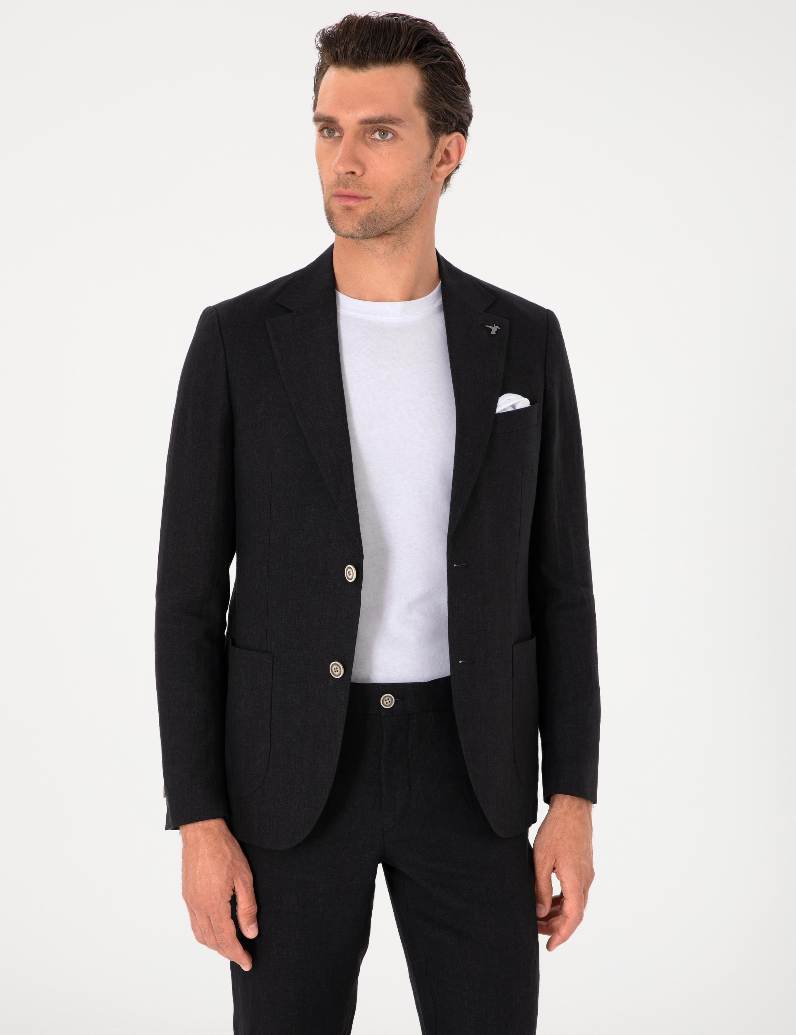 Siyah Slim Fit %100 Keten Ceket - 50306124251