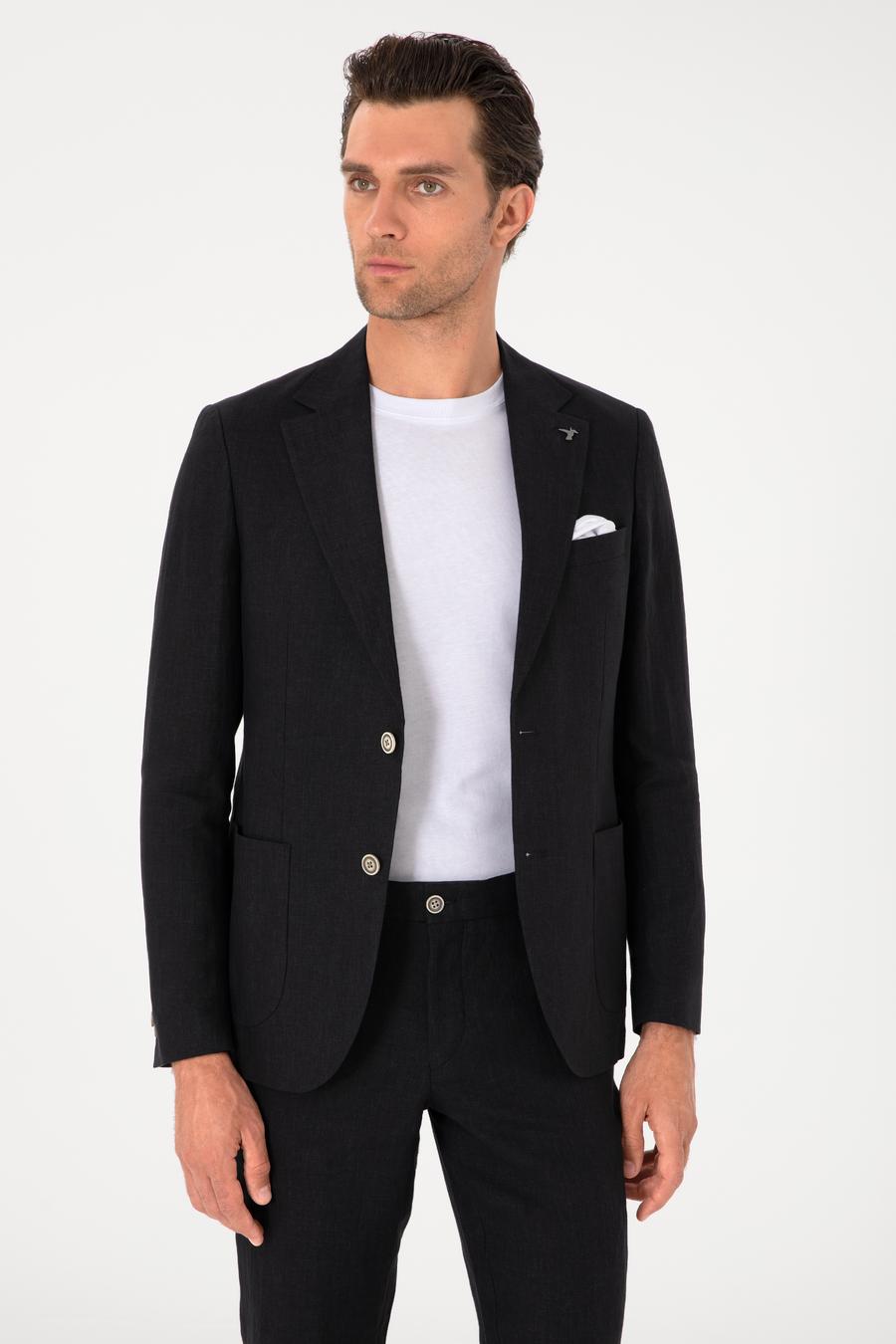 Siyah Slim Fit %100 Keten Ceket - 50306124251