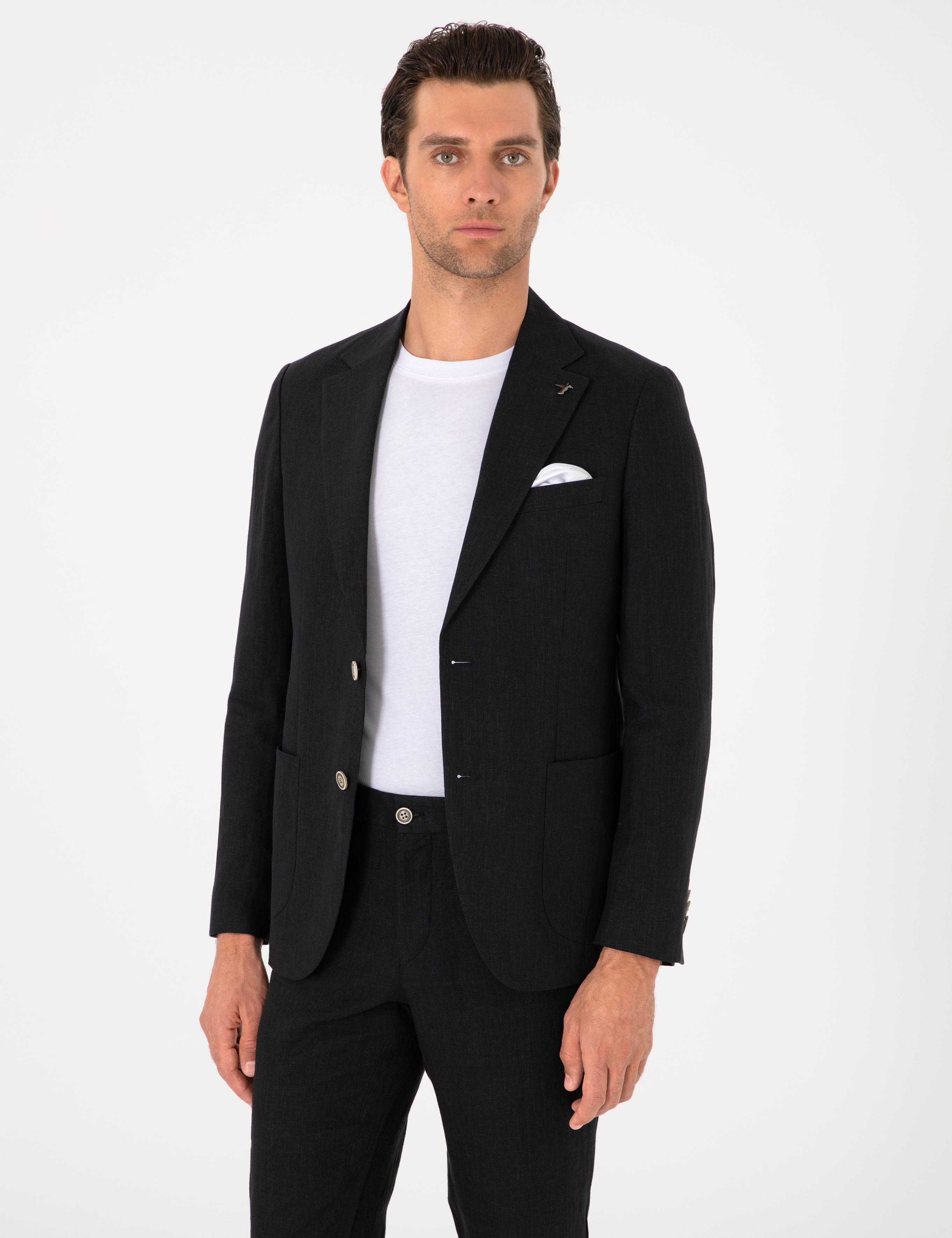 Siyah Slim Fit %100 Keten Ceket - 50306124251